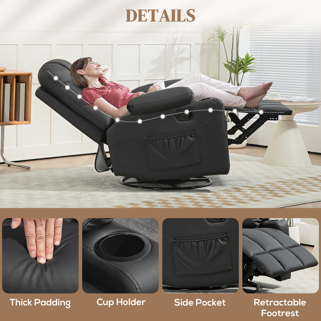 Faux Leather Recliner Chair 86cm Wide With Footrest And 2 Cup Holders - Velmora