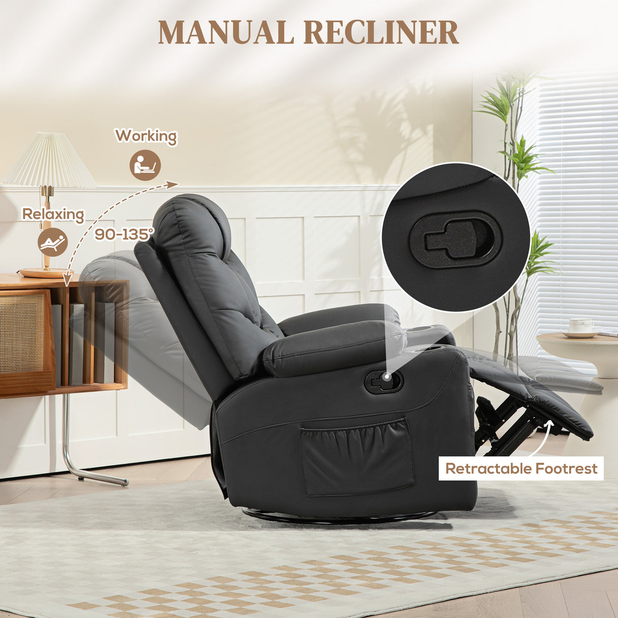 Faux Leather Recliner Chair 86cm Wide With Footrest And 2 Cup Holders - Velmora