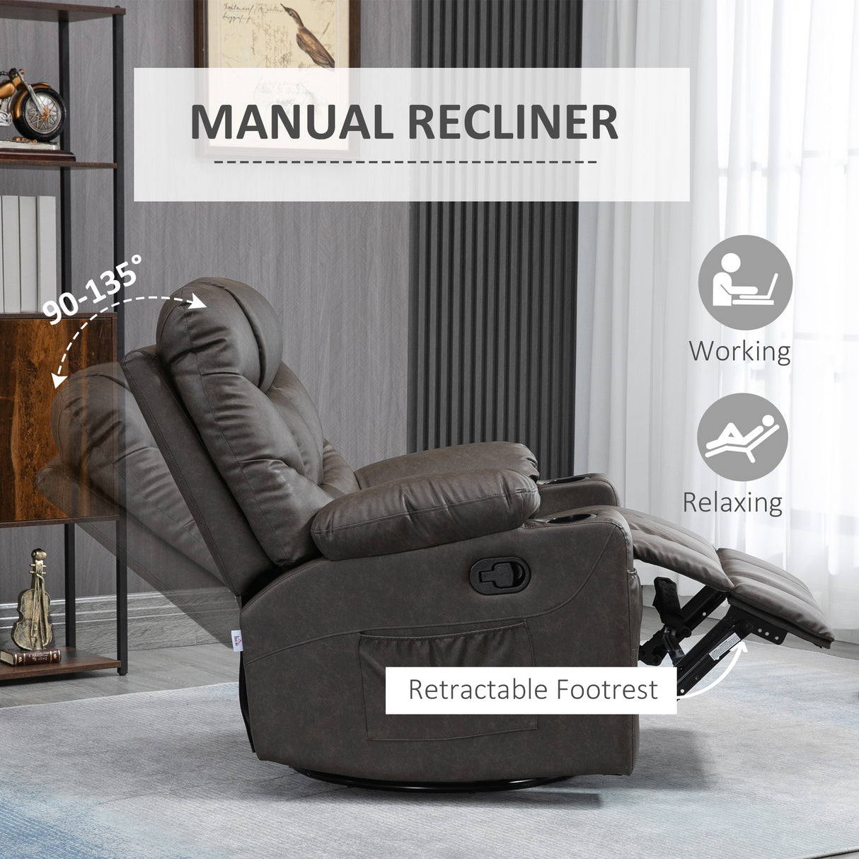Faux Leather Recliner Chair 86cm Wide With Footrest And 2 Cup Holders - Velmora