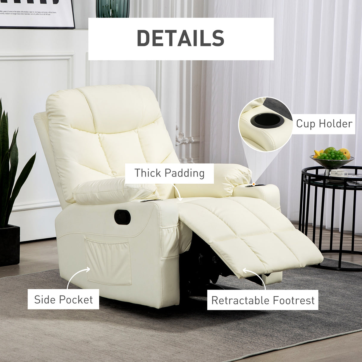 Faux Leather Recliner Chair 86cm Wide With Footrest And 2 Cup Holders - Velmora