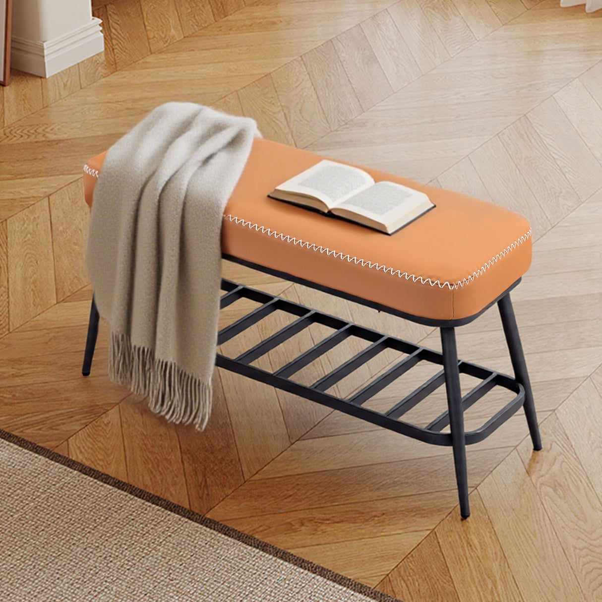 Faux Leather Shoe Storage Bench 82cm Wide With Metal Frame - Velmora