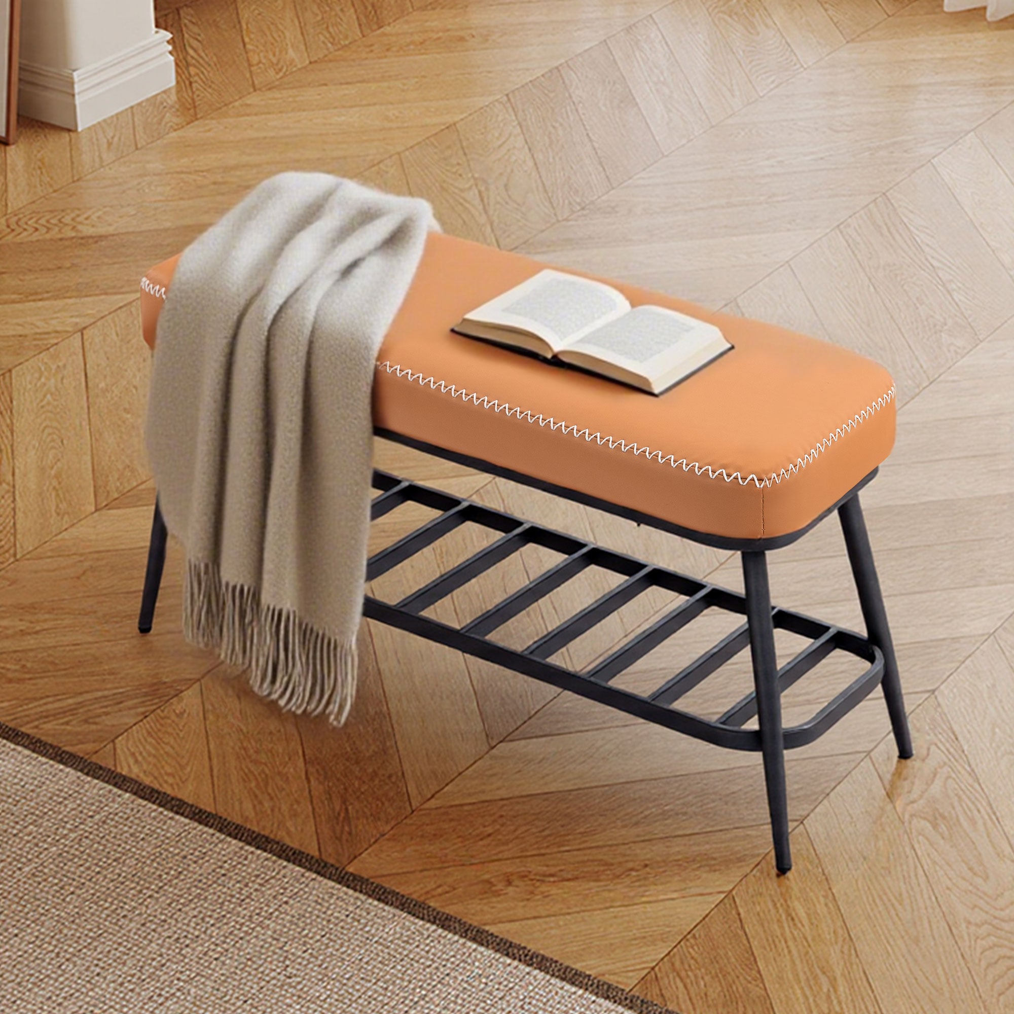 Faux Leather Shoe Storage Bench 82cm Wide With Metal Frame - Velmora