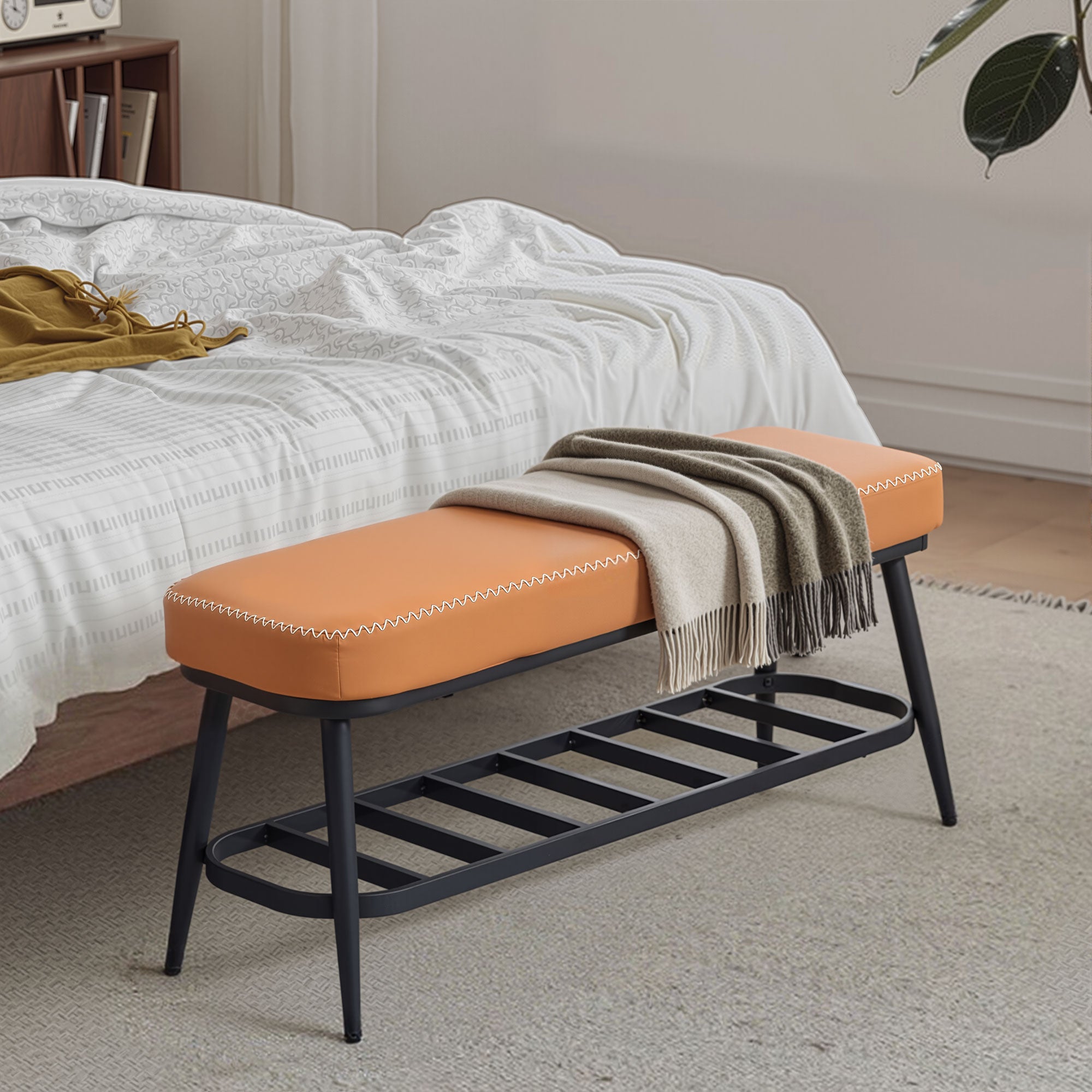Faux Leather Shoe Storage Bench 82cm Wide With Metal Frame - Velmora