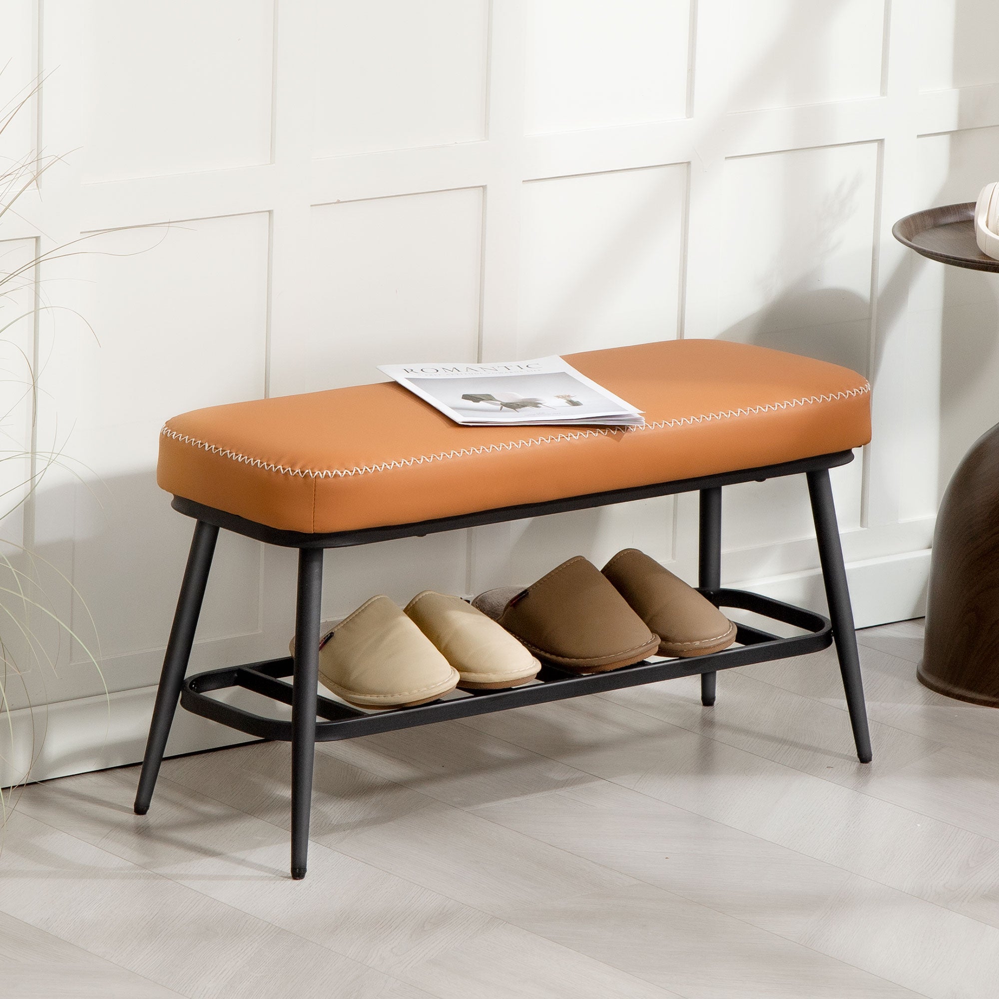 Faux Leather Shoe Storage Bench 82cm Wide With Metal Frame - Velmora