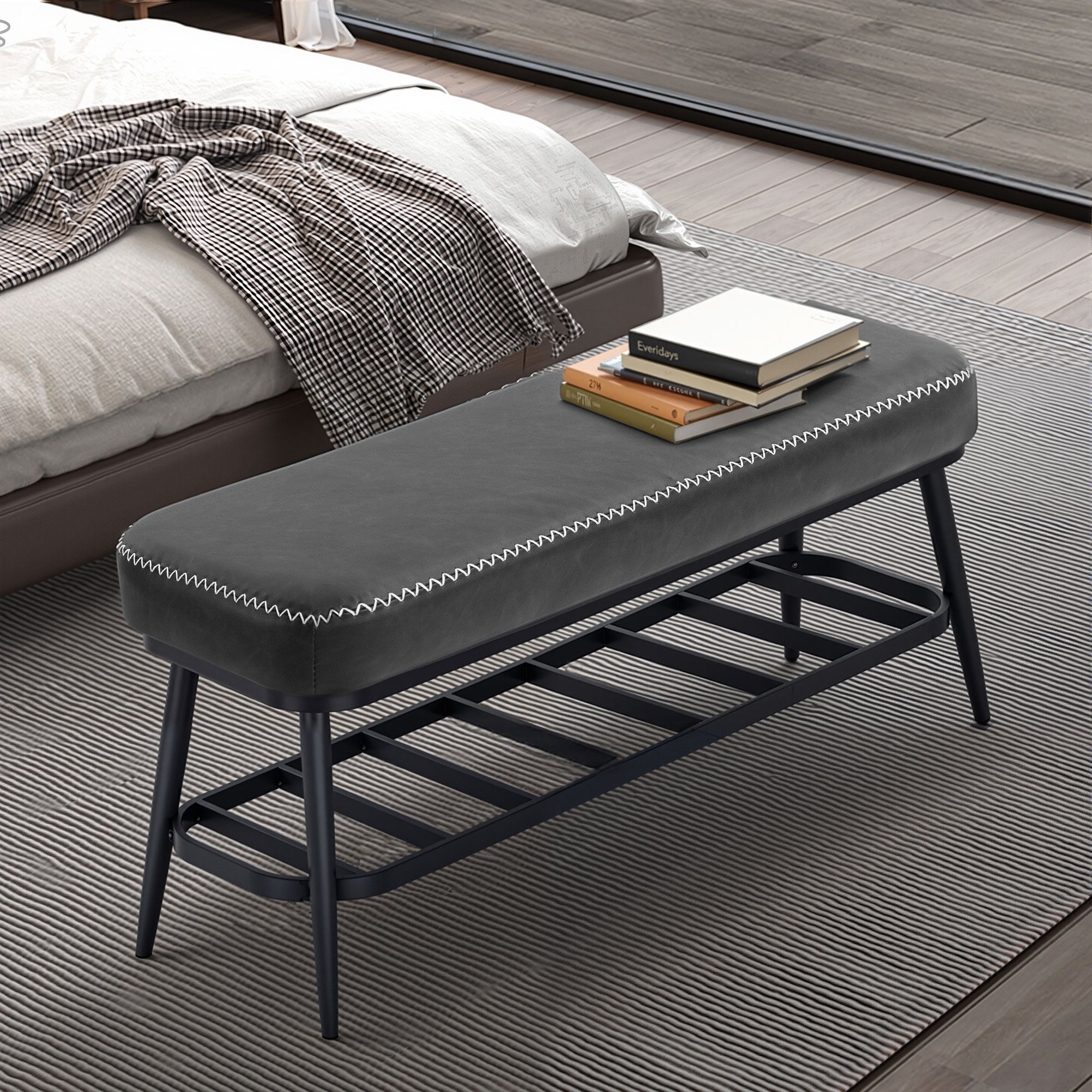 Faux Leather Shoe Storage Bench 82cm Wide With Metal Frame - Velmora