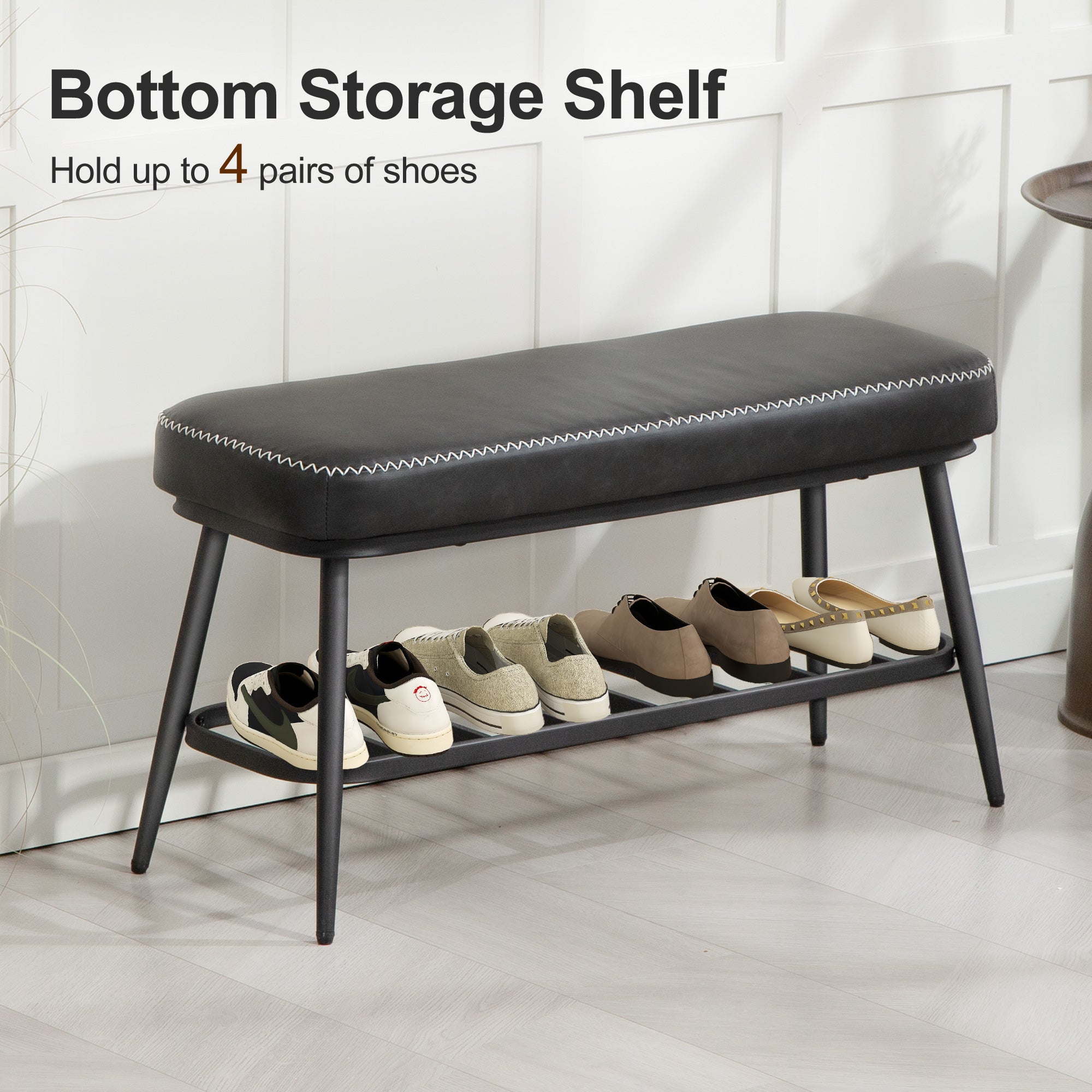 Faux Leather Shoe Storage Bench 82cm Wide With Metal Frame - Velmora