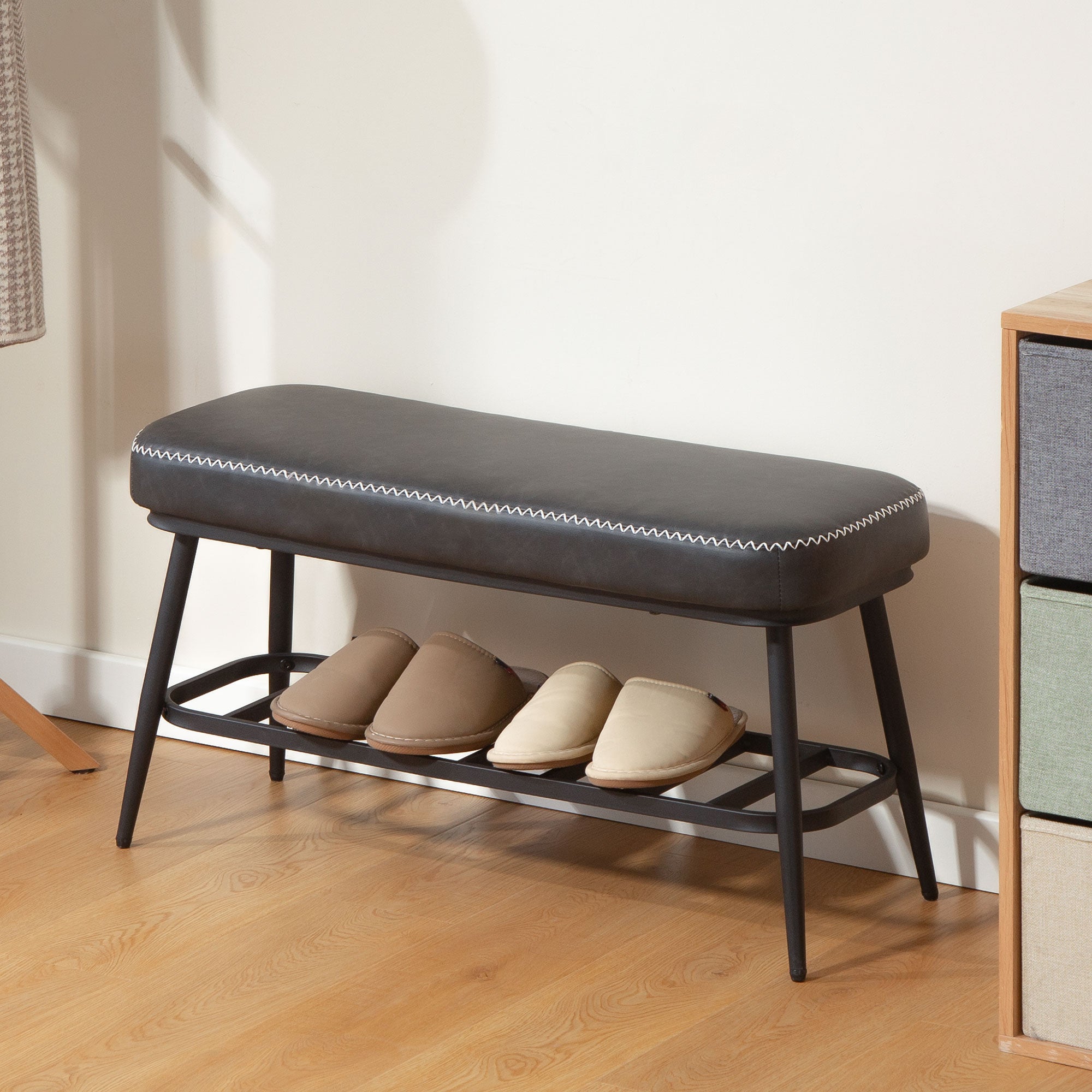 Faux Leather Shoe Storage Bench 82cm Wide With Metal Frame - Velmora
