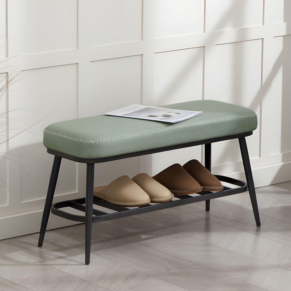 Faux Leather Shoe Storage Bench 82cm Wide With Metal Frame - Velmora