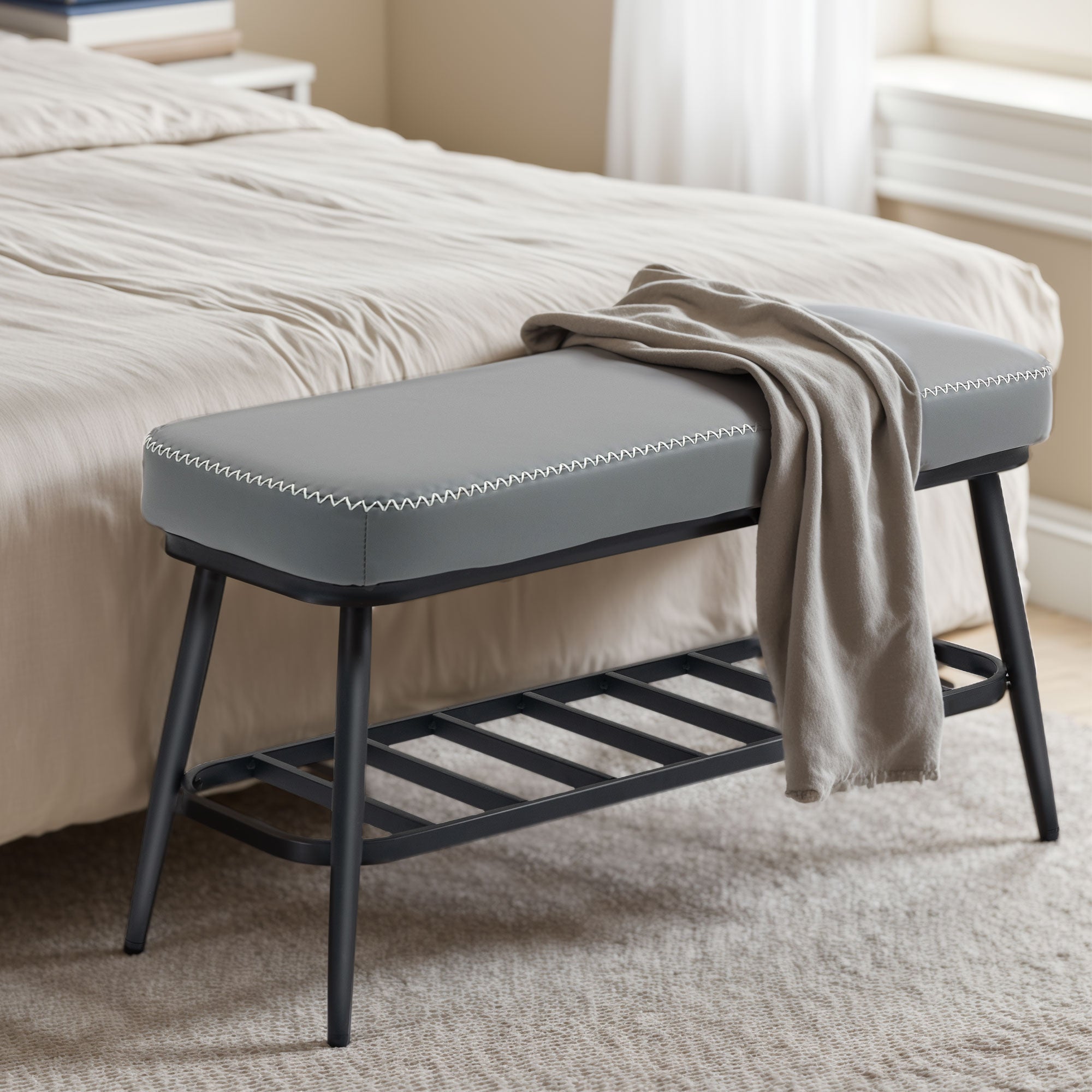 Faux Leather Shoe Storage Bench 82cm Wide With Metal Frame - Velmora
