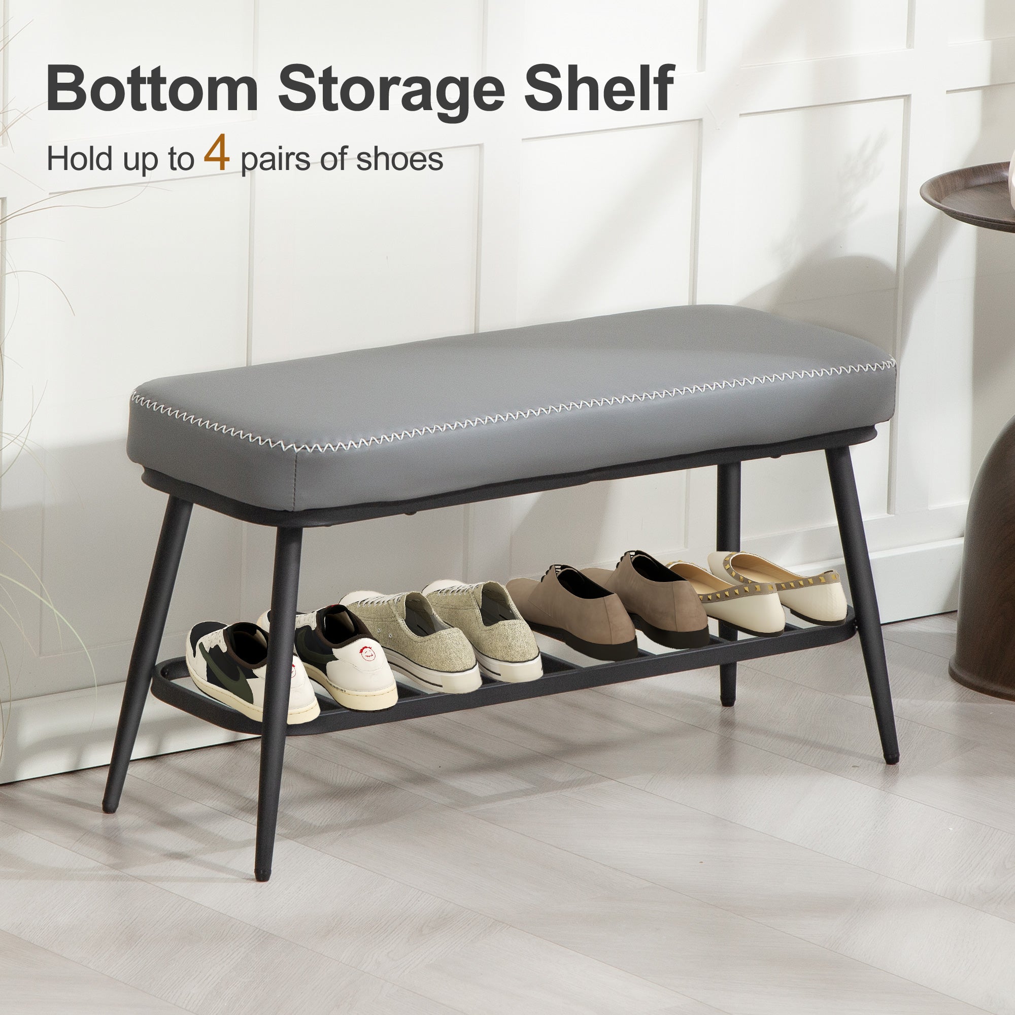 Faux Leather Shoe Storage Bench 82cm Wide With Metal Frame - Velmora