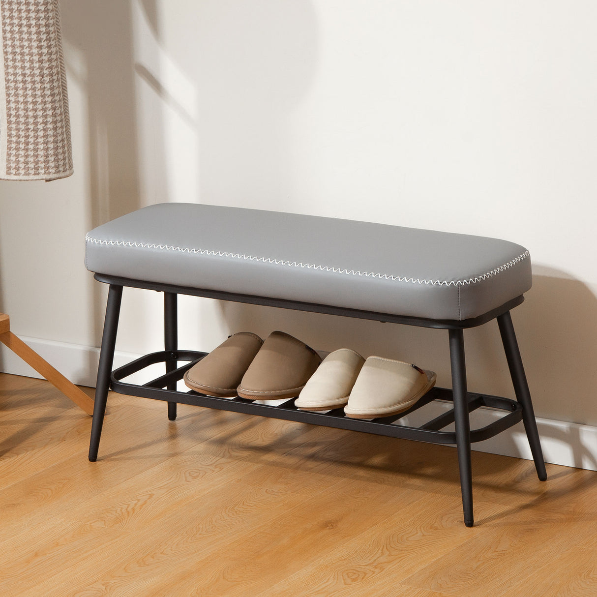 Faux Leather Shoe Storage Bench 82cm Wide With Metal Frame - Velmora