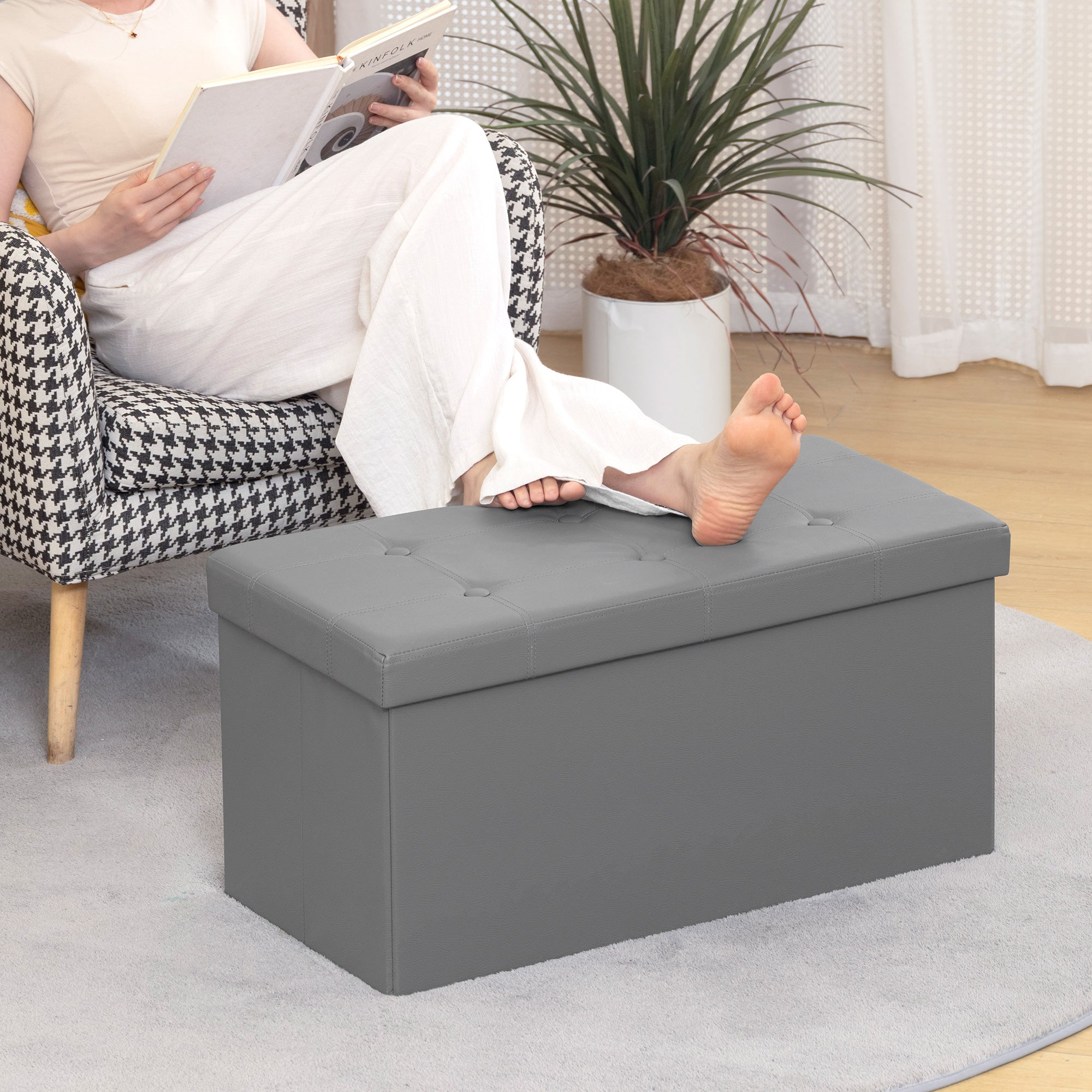 Faux Leather Storage Ottoman 76cm Wide - Velmora