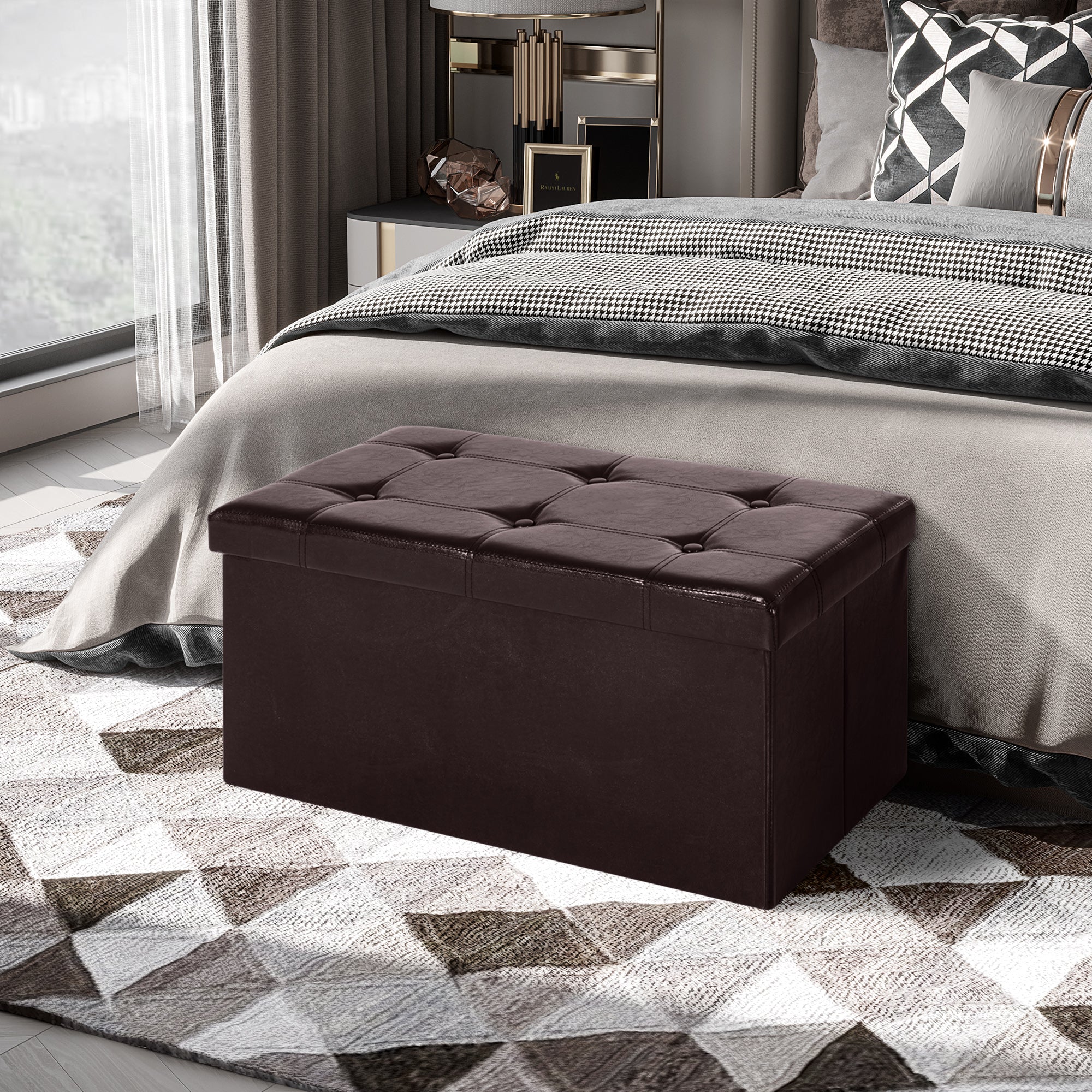 Faux Leather Storage Ottoman 76cm Wide - Velmora