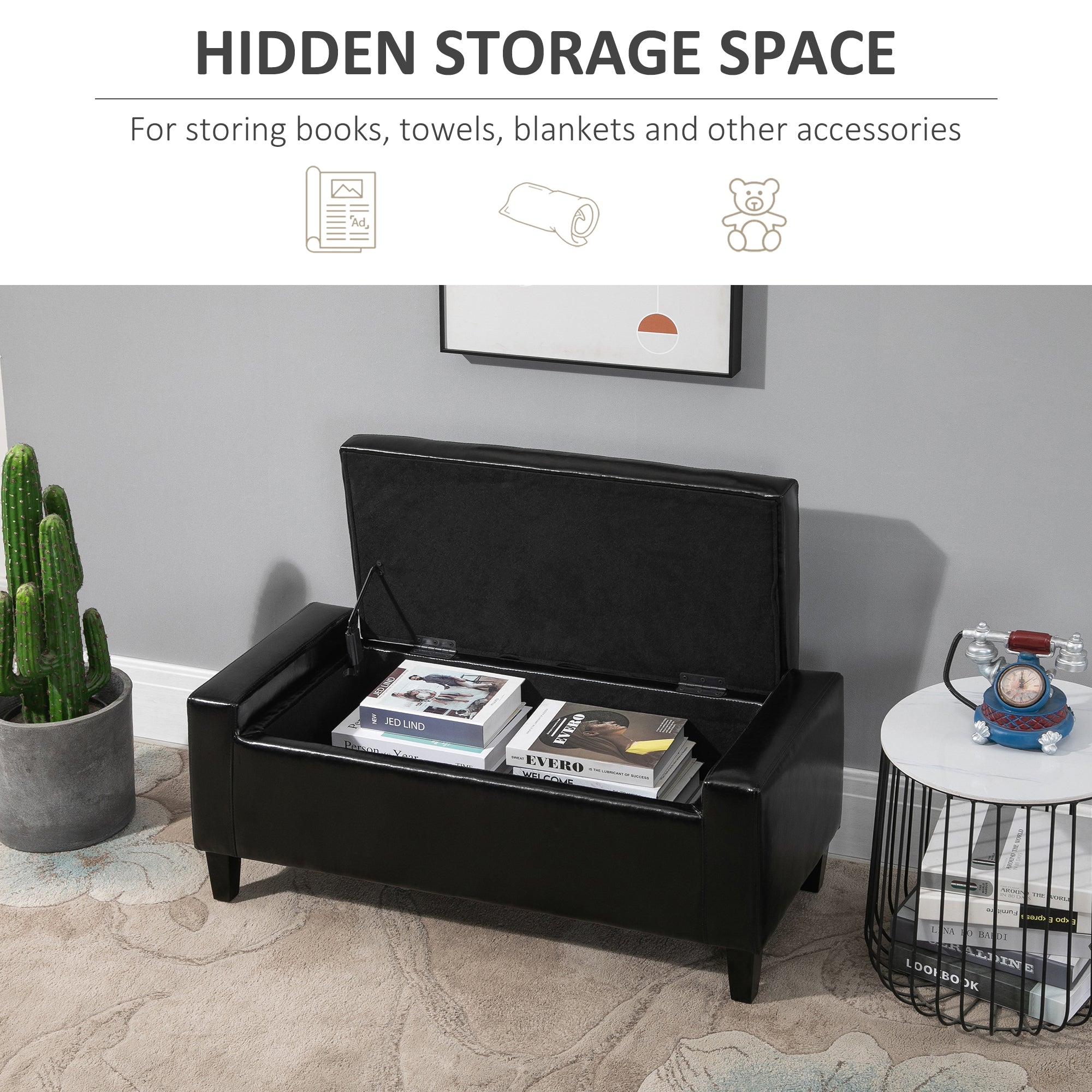 Faux Leather Storage Ottoman 92cm Wide - Velmora