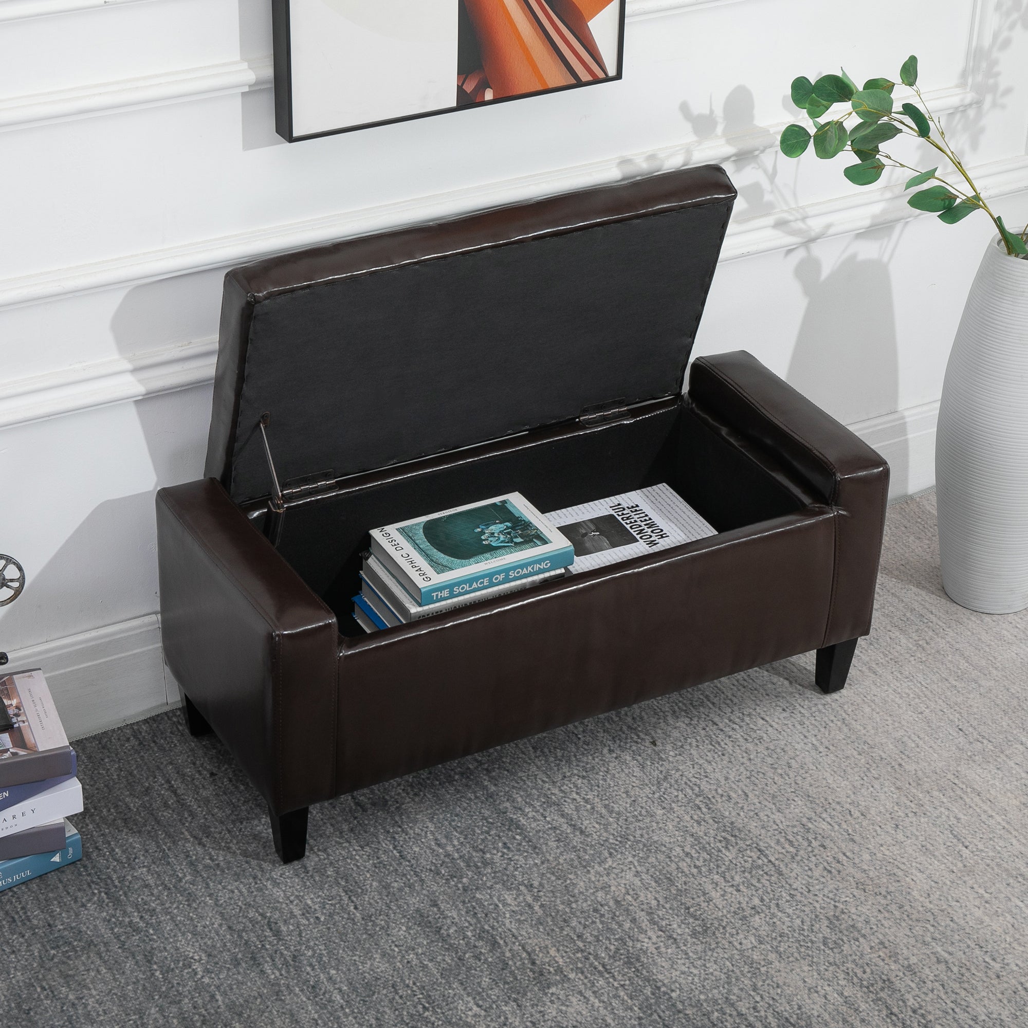 Faux Leather Storage Ottoman 92cm Wide - Velmora