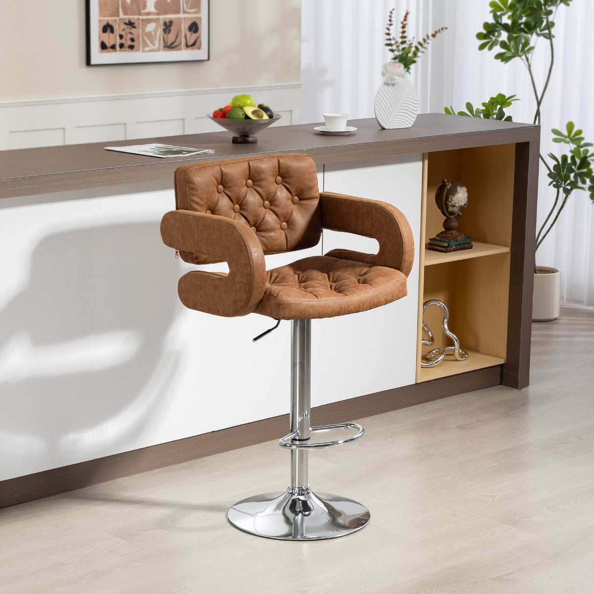 Faux Leather Swivel Bar Stool With Back - Velmora