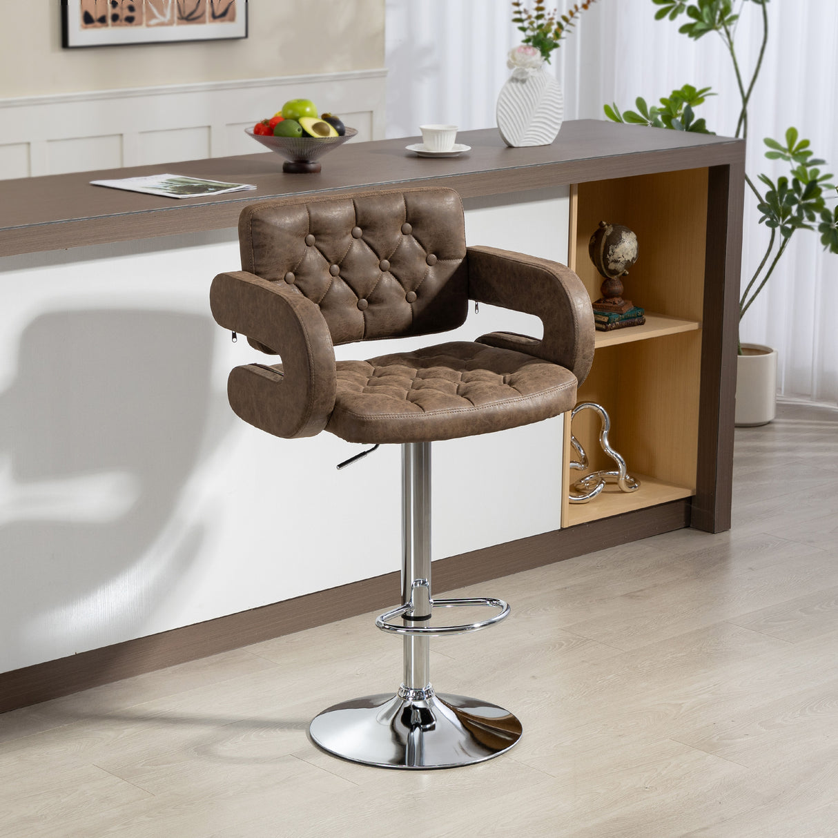 Faux Leather Swivel Bar Stool With Back - Velmora