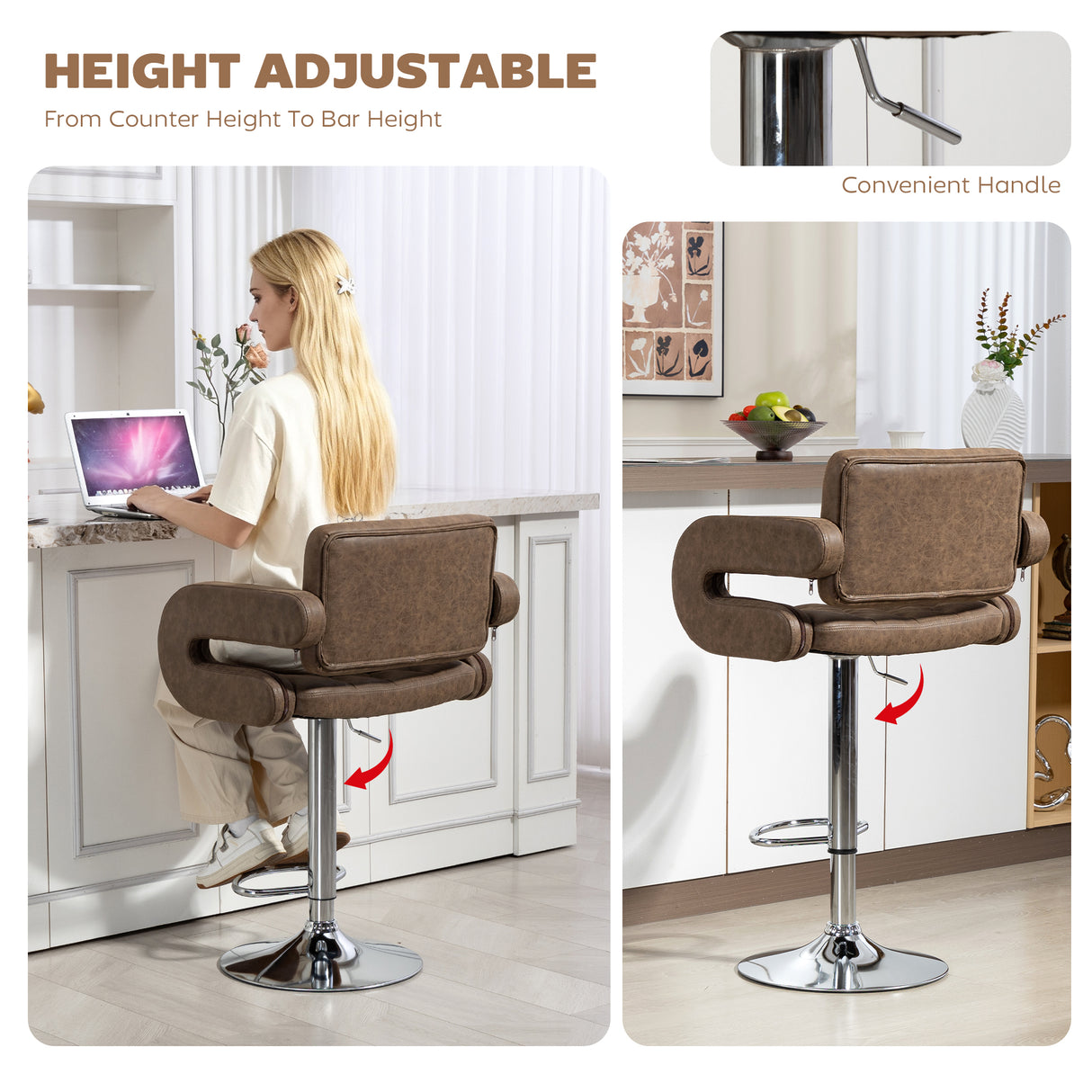 Faux Leather Swivel Bar Stool With Back - Velmora