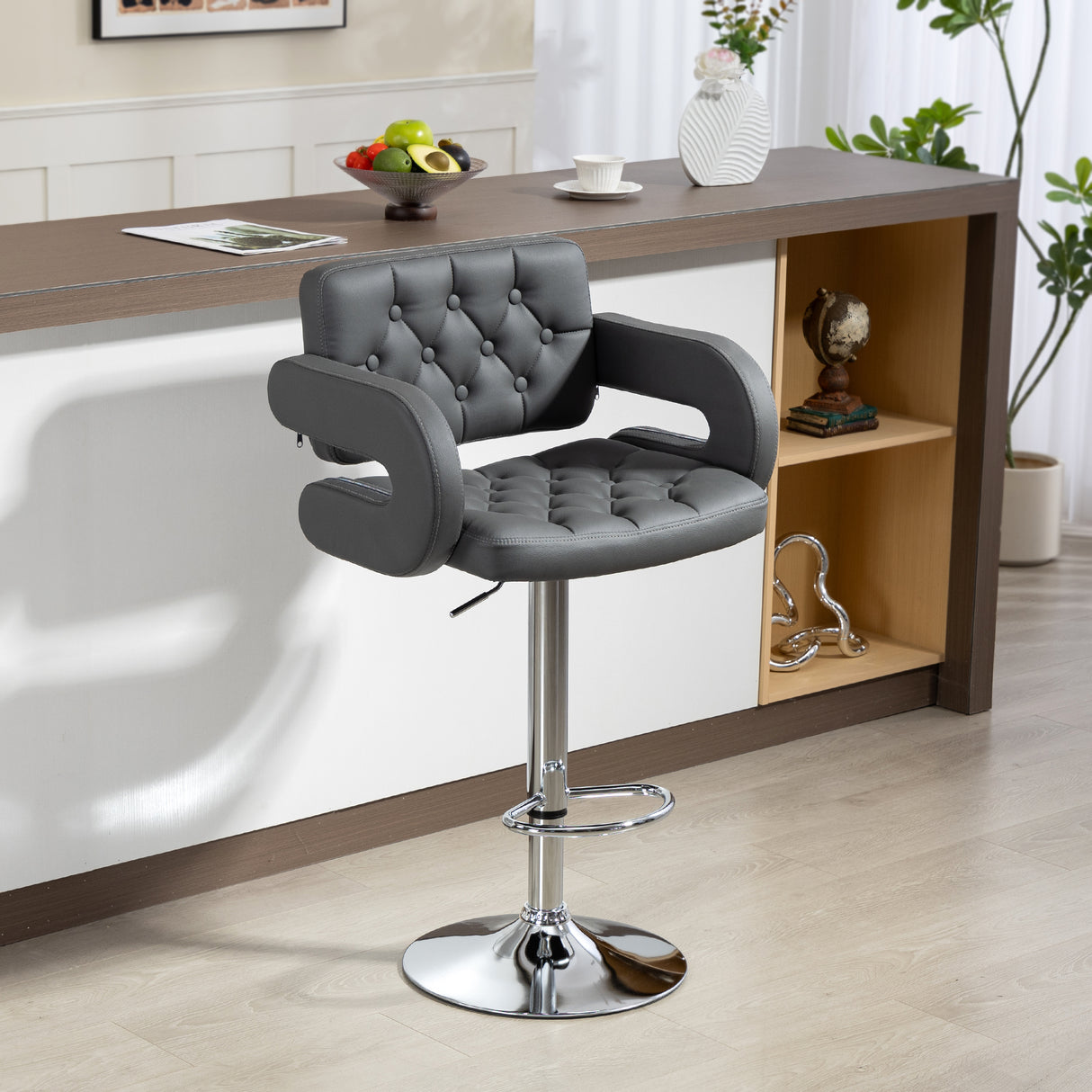 Faux Leather Swivel Bar Stool With Back - Velmora
