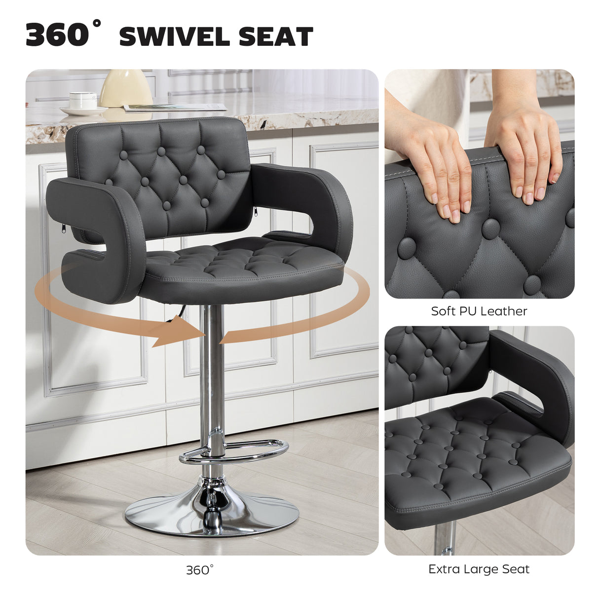 Faux Leather Swivel Bar Stool With Back - Velmora