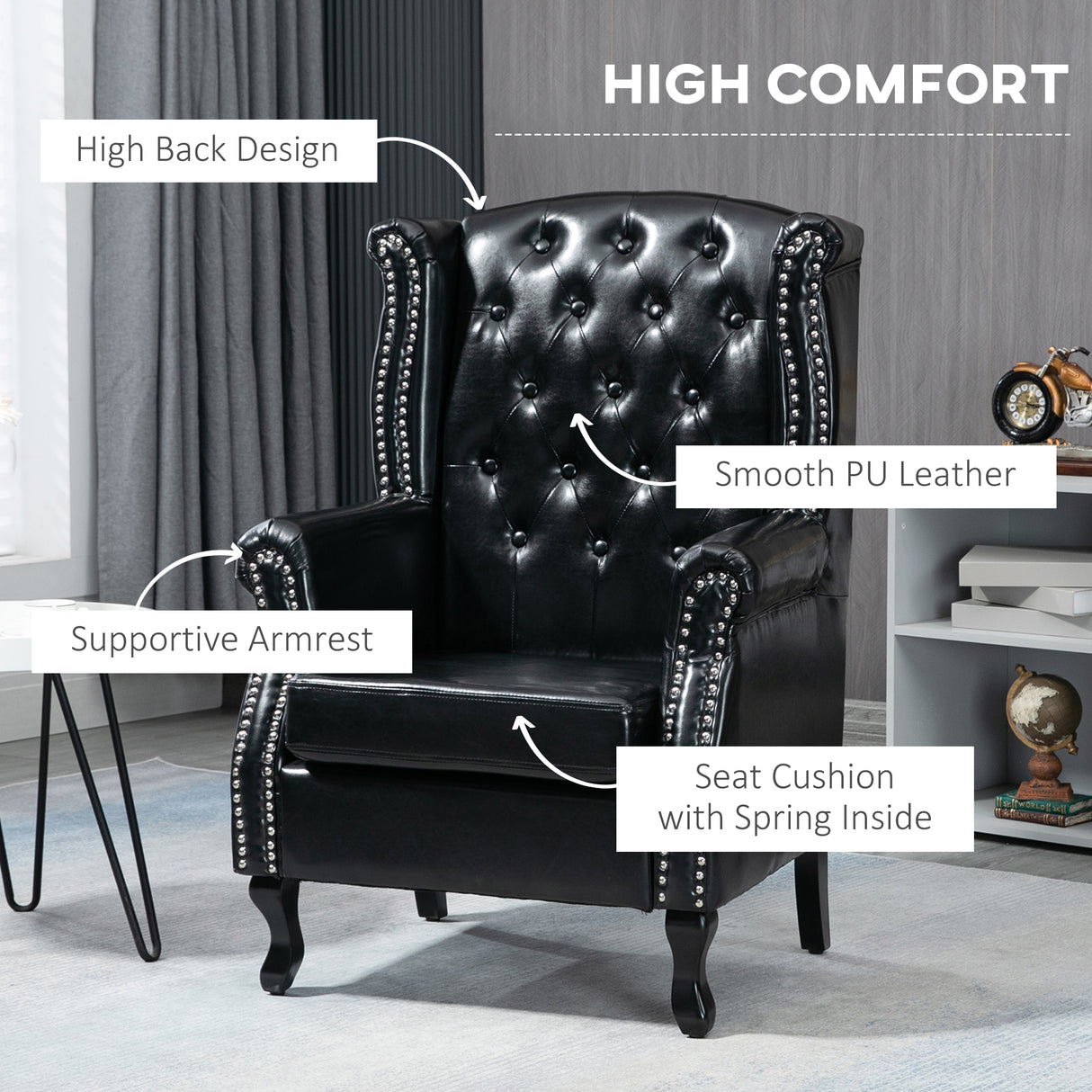 Faux Leather Wingback Chesterfield Accent Chair 72cm Wide - Velmora