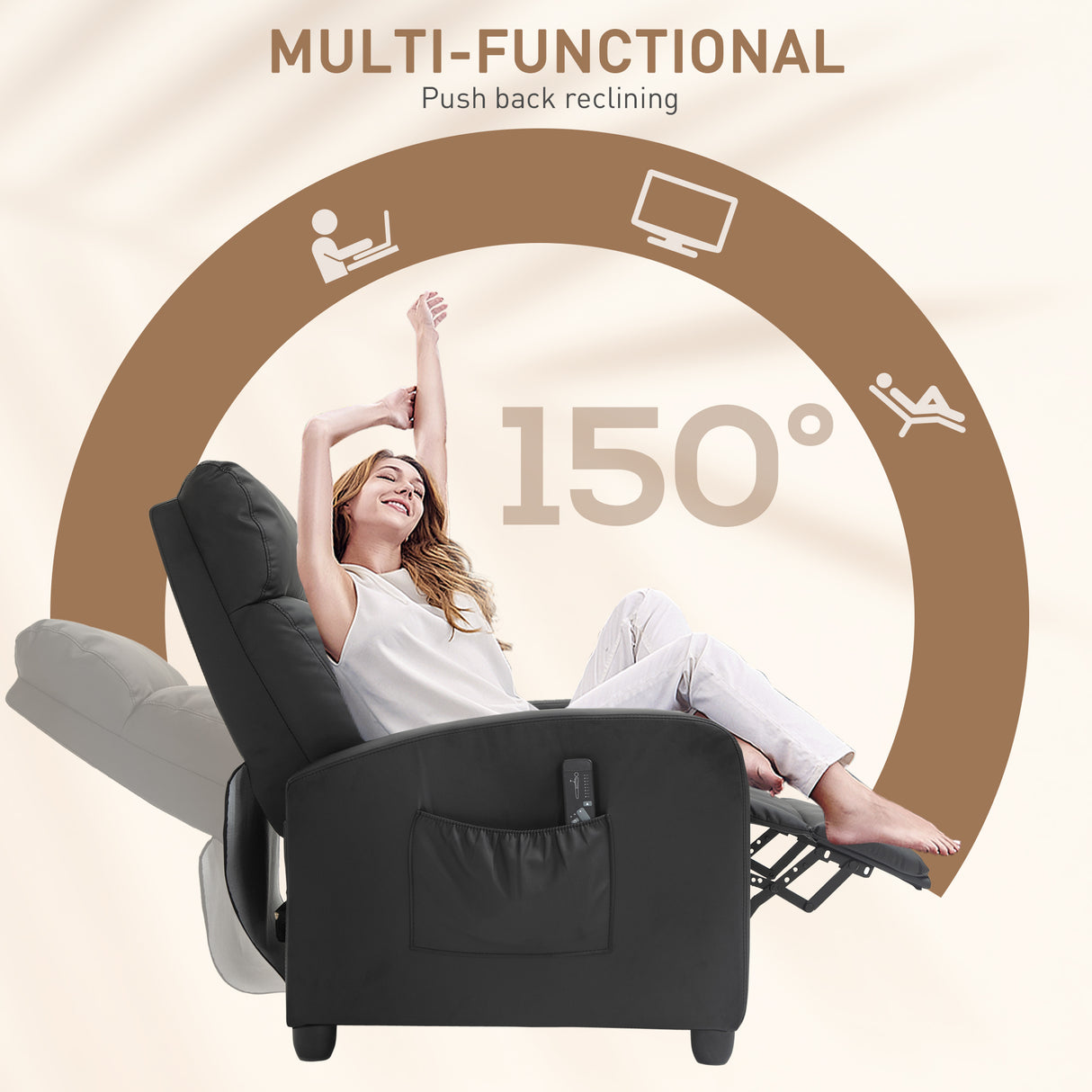 Faux Leather Push Back Reclining Chair With Adjustable Leg Rest 68cm Wide - Velmora