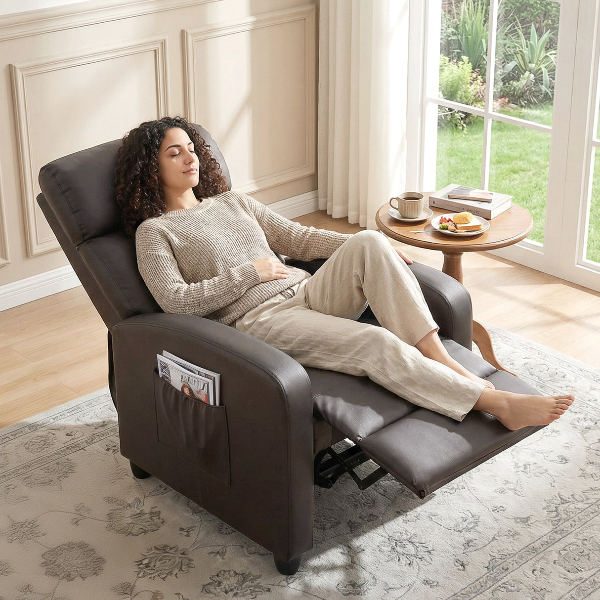 Faux Leather Push Back Reclining Chair With Adjustable Leg Rest 68cm Wide - Velmora