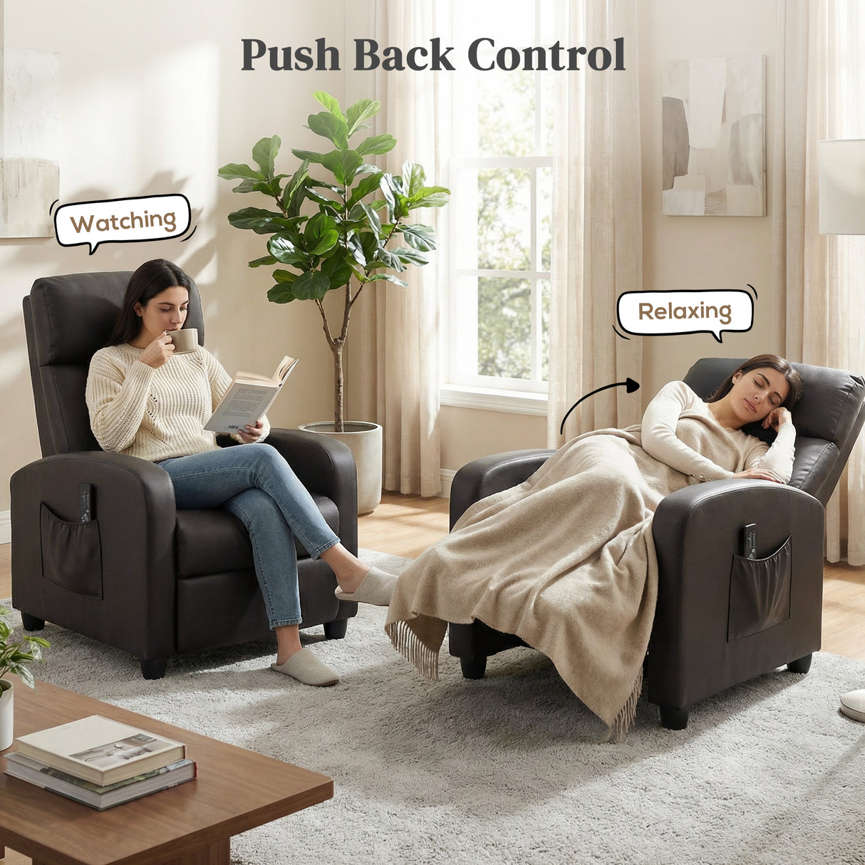Faux Leather Push Back Reclining Chair With Adjustable Leg Rest 68cm Wide - Velmora
