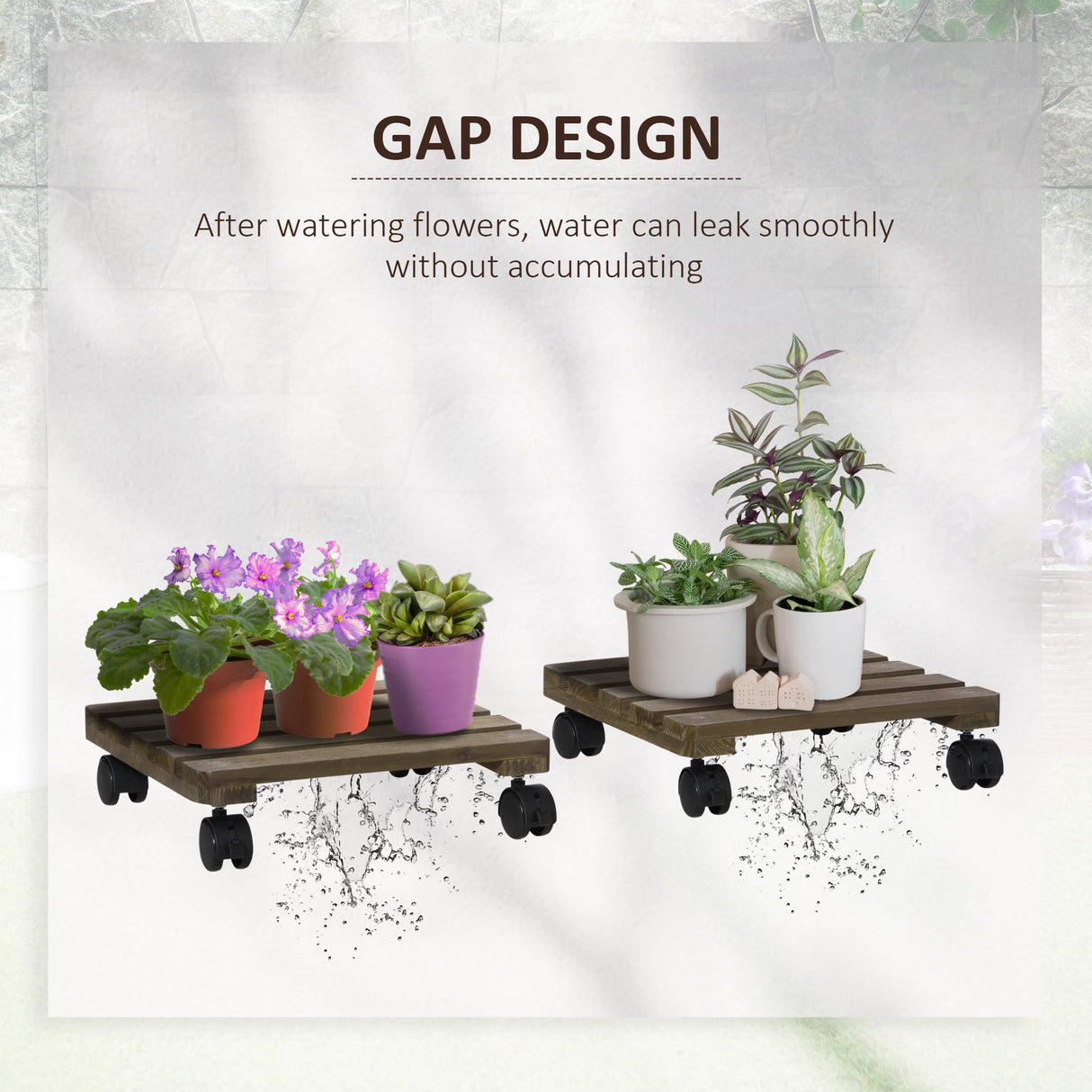 Fir Wood 2 Pack Plant Caddy With Wheels 30cm Wide - Velmora