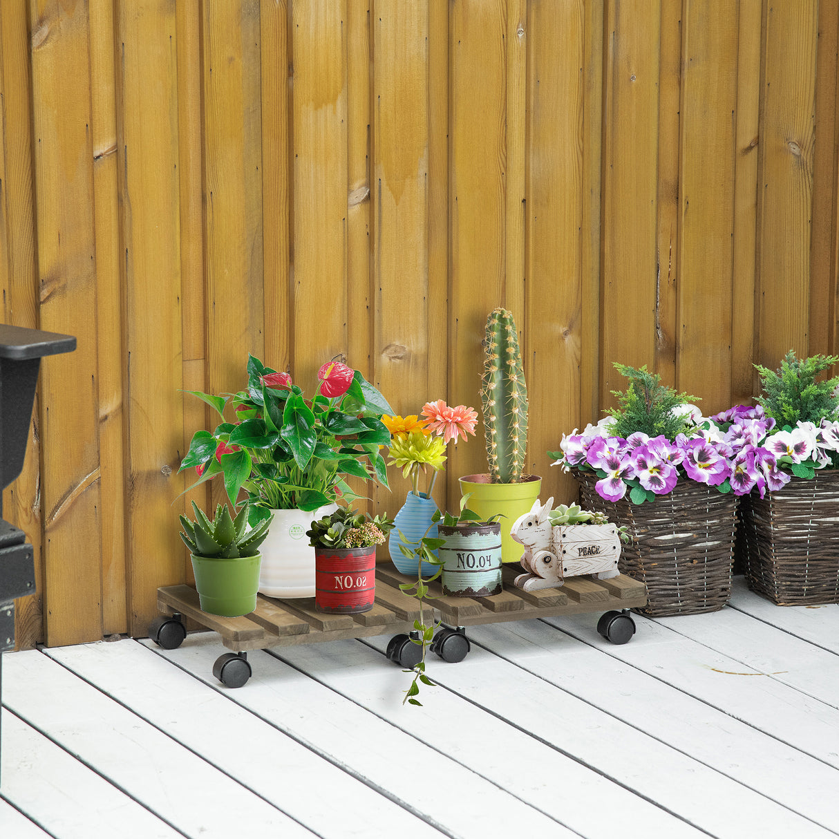 Fir Wood 2 Pack Plant Caddy With Wheels 30cm Wide - Velmora