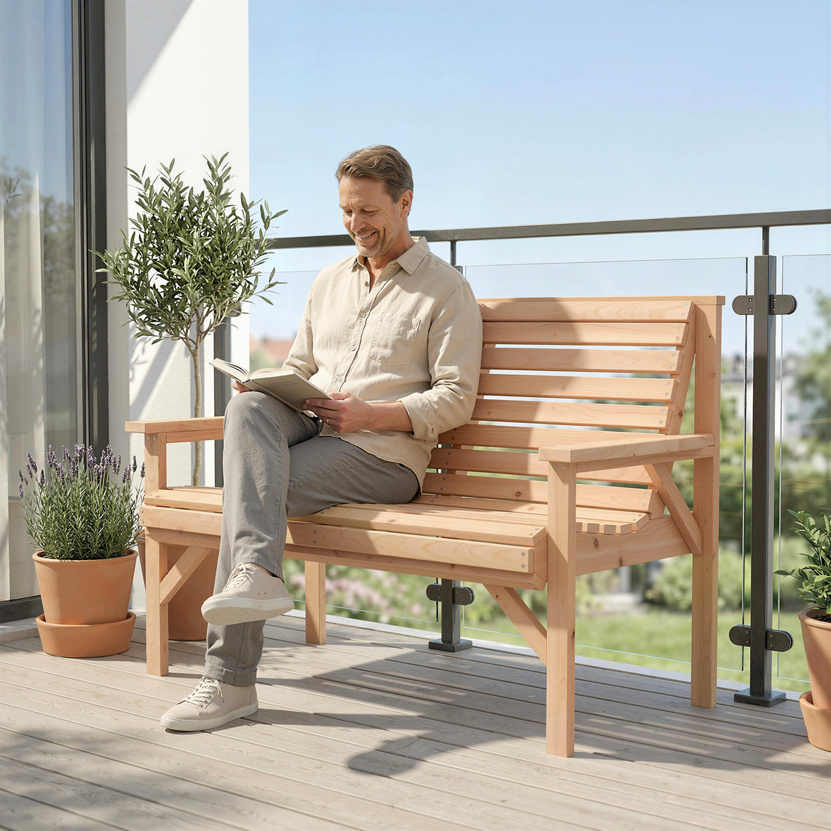 Fir Wood 2 Seater Garden Bench With Armrest and Backrest - Velmora