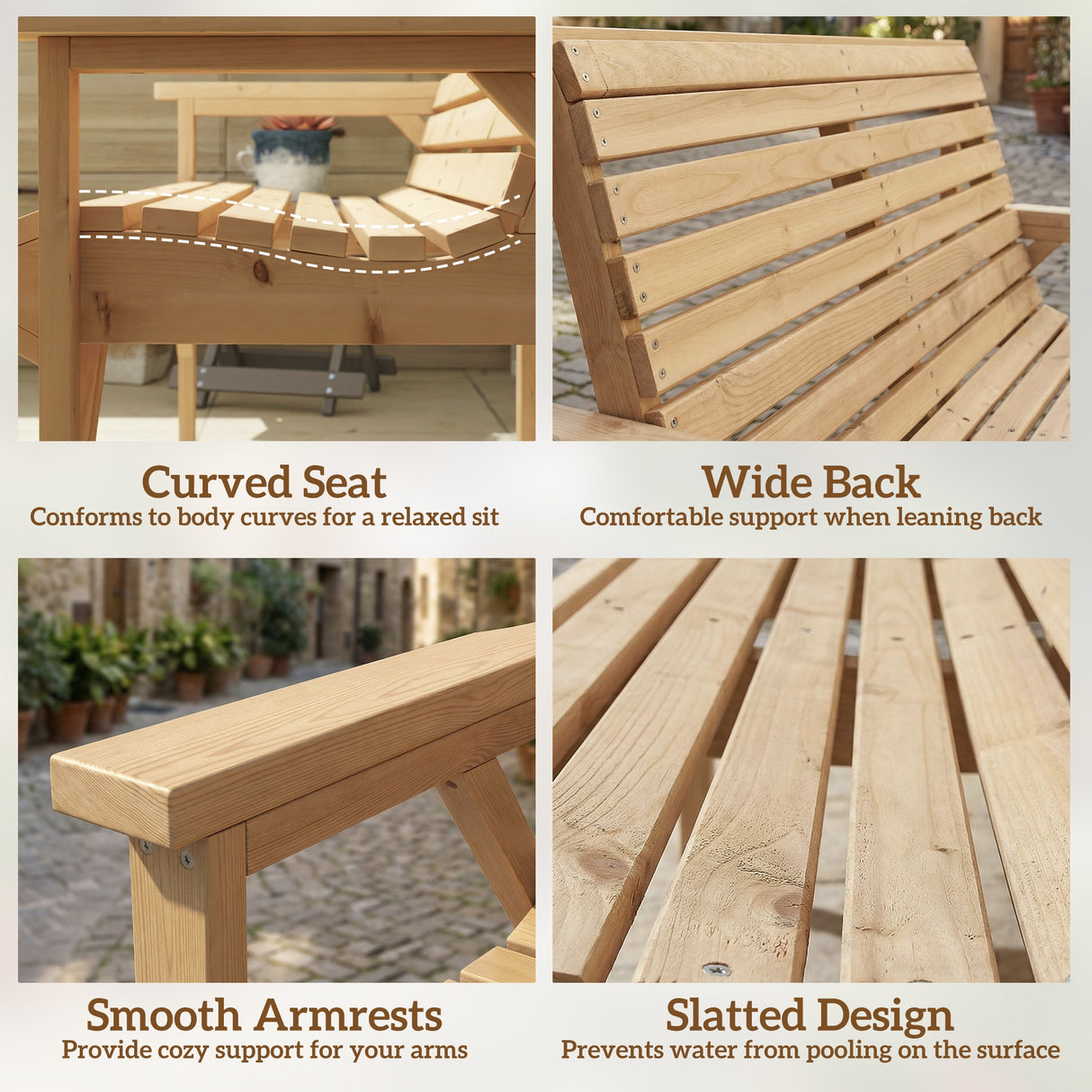 Fir Wood 2 Seater Garden Bench With Armrest and Backrest - Velmora
