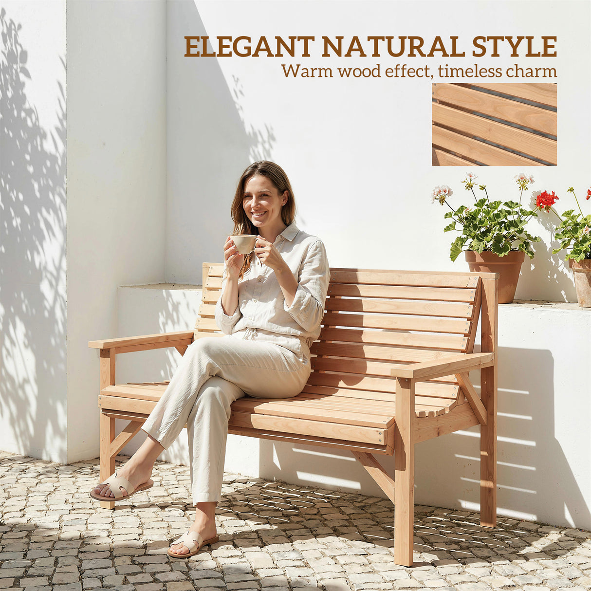 Fir Wood 2 Seater Garden Bench With Armrest and Backrest - Velmora