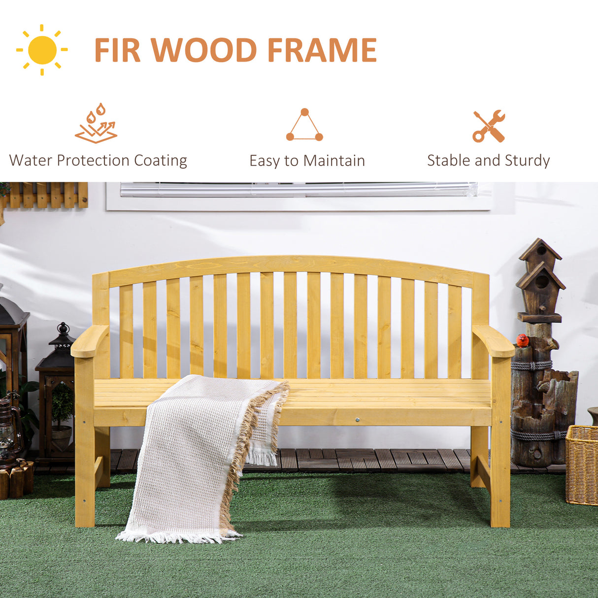 Fir Wood 2 Seater Garden Bench With Armrest - Velmora