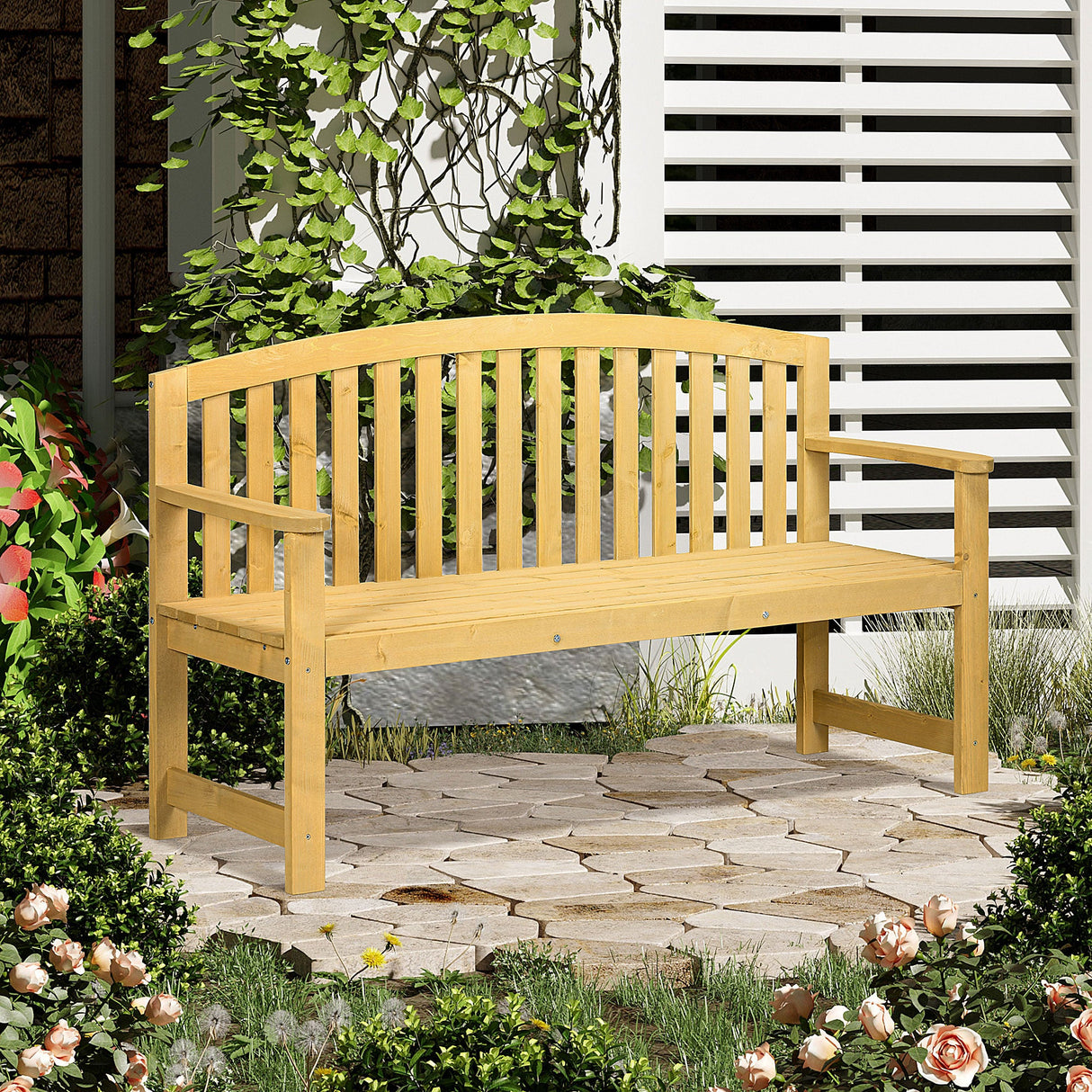 Fir Wood 2 Seater Garden Bench With Armrest - Velmora