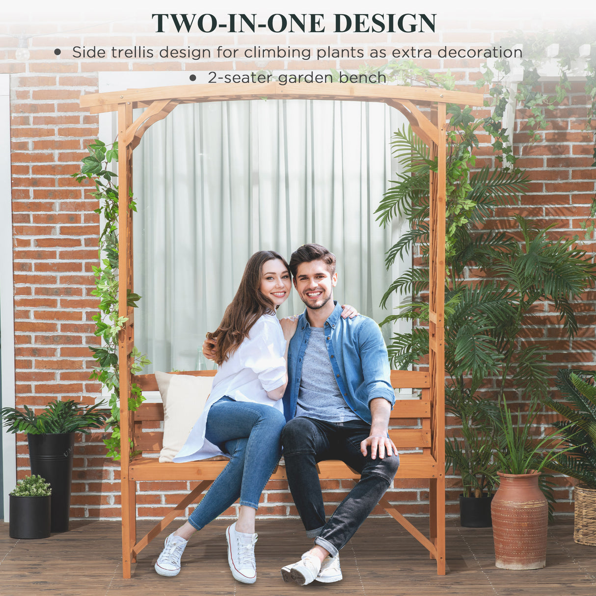 Fir Wood 2 Seater Garden Bench With Garden Arbour - Velmora