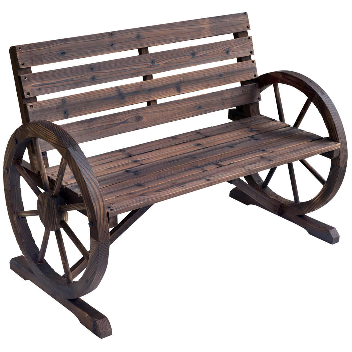Fir Wood 2 Seater Garden Bench With Wooden Cart Wagon Wheel - Velmora