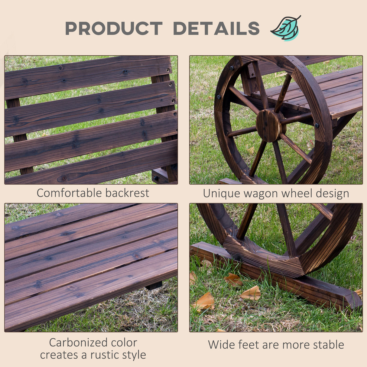 Fir Wood 2 Seater Garden Bench With Wooden Cart Wagon Wheel - Velmora