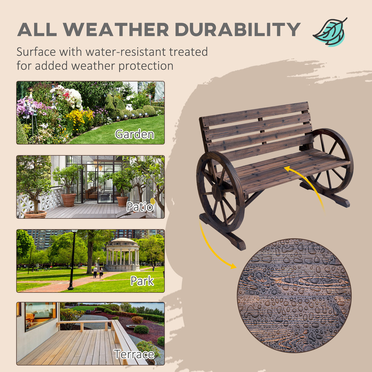 Fir Wood 2 Seater Garden Bench With Wooden Cart Wagon Wheel - Velmora