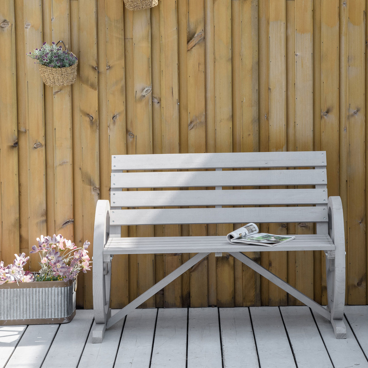 Fir Wood 2 Seater Garden Bench With Wooden Cart Wagon Wheel - Velmora