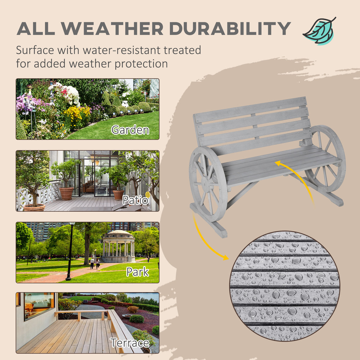 Fir Wood 2 Seater Garden Bench With Wooden Cart Wagon Wheel - Velmora