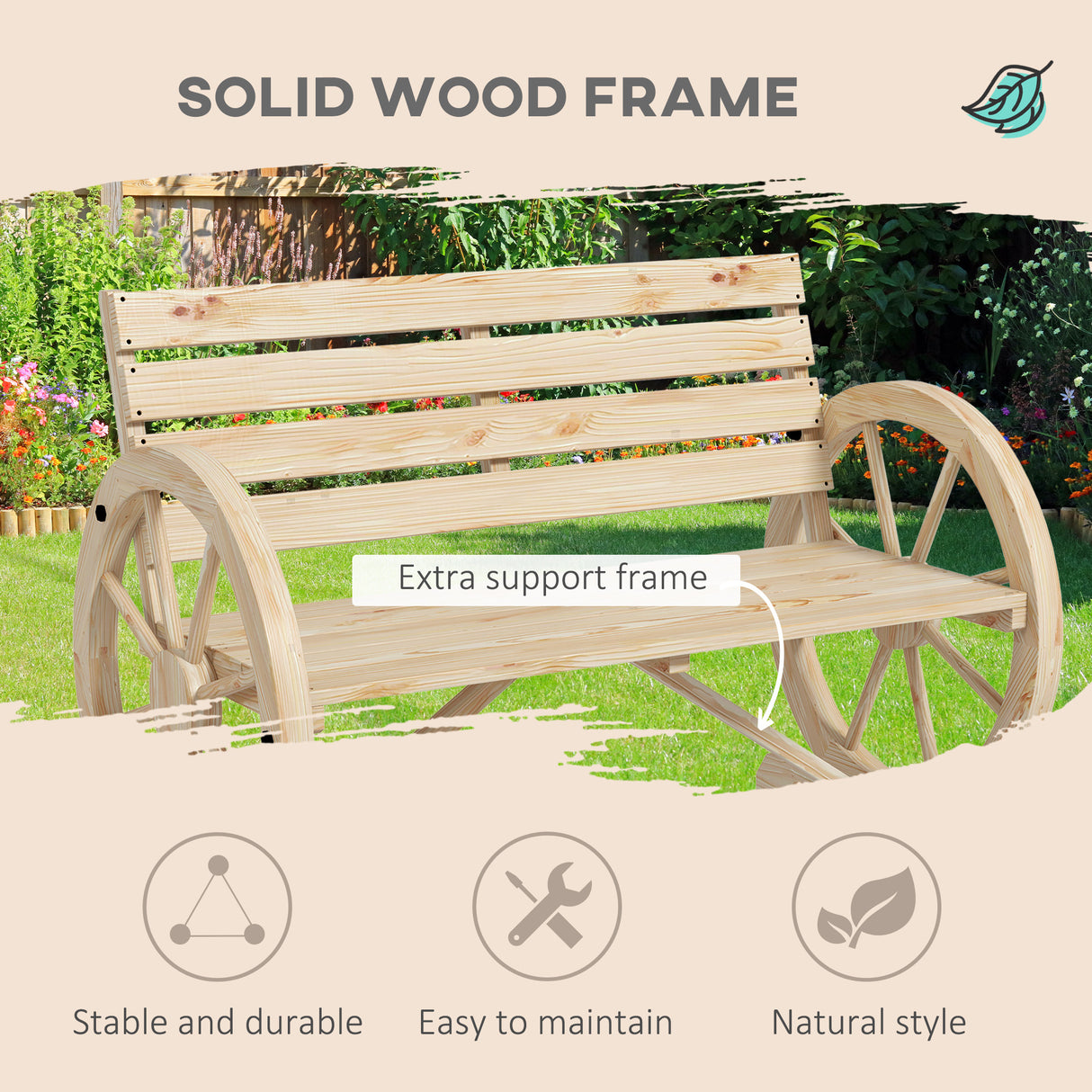 Fir Wood 2 Seater Garden Bench With Wooden Cart Wagon Wheel - Velmora