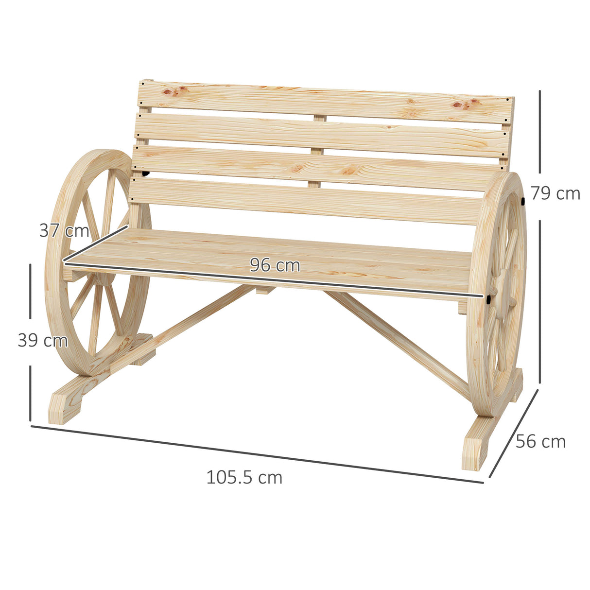 Fir Wood 2 Seater Garden Bench With Wooden Cart Wagon Wheel - Velmora