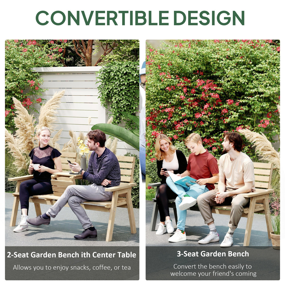 Fir Wood 2 Seater Garden Loveseat Bench Wide With Table And Parasol Hole - Velmora