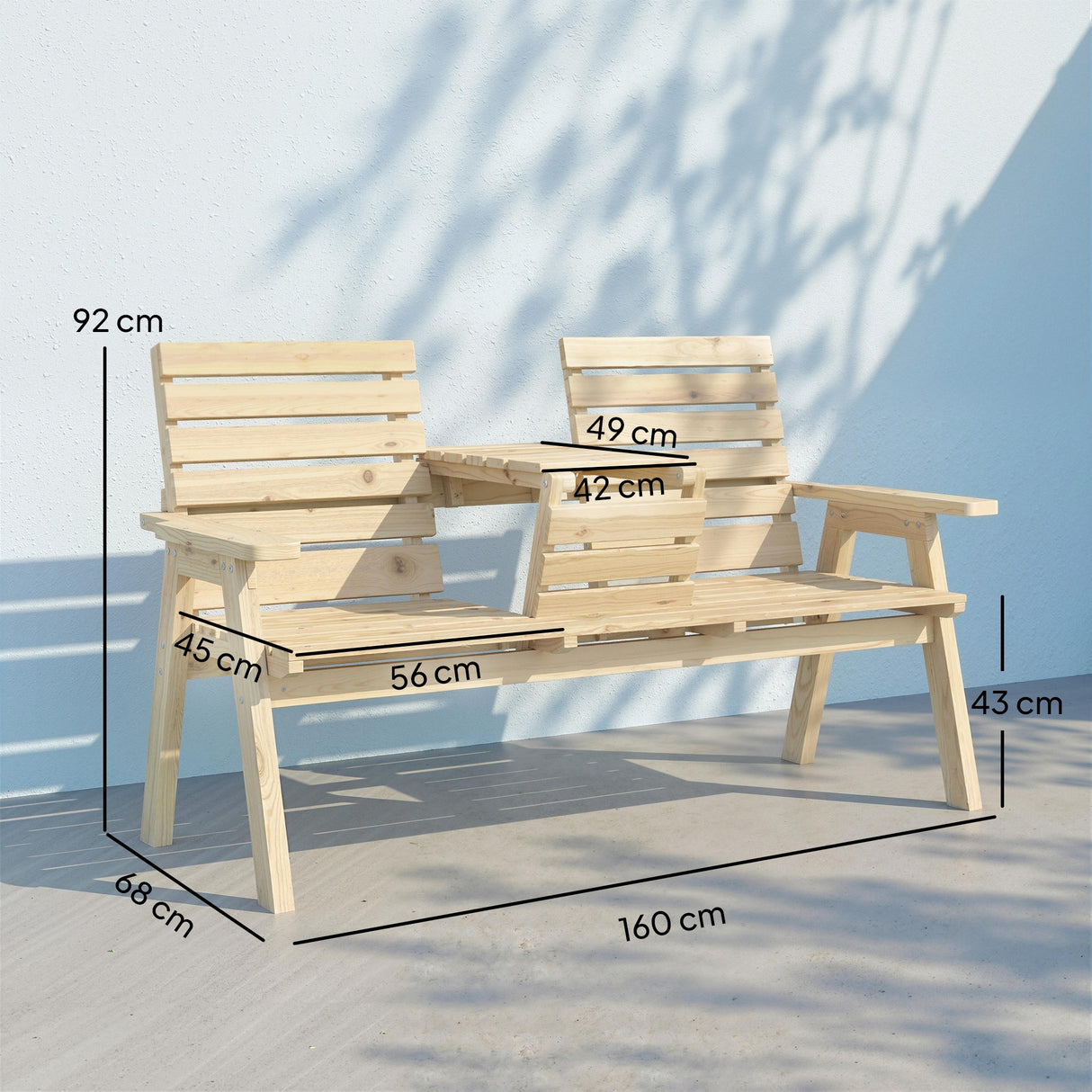 Fir Wood 2 Seater Garden Loveseat Bench Wide With Table And Parasol Hole - Velmora