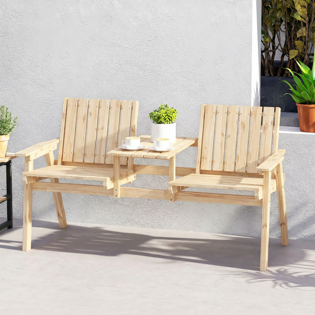 Fir Wood 2 Seater Garden Loveseat Bench With Table And Parasol Hole - Velmora