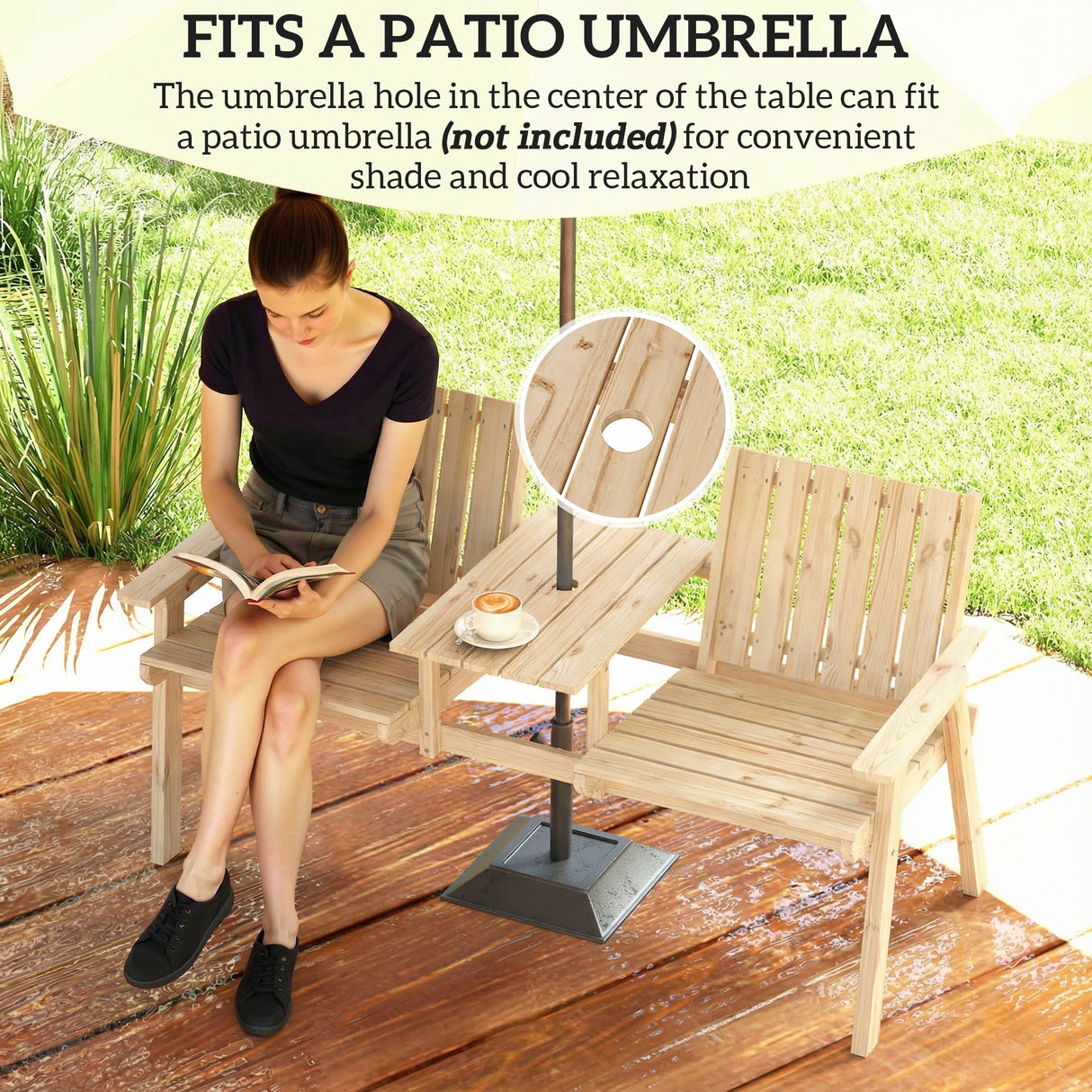 Fir Wood 2 Seater Garden Loveseat Bench With Table And Parasol Hole - Velmora