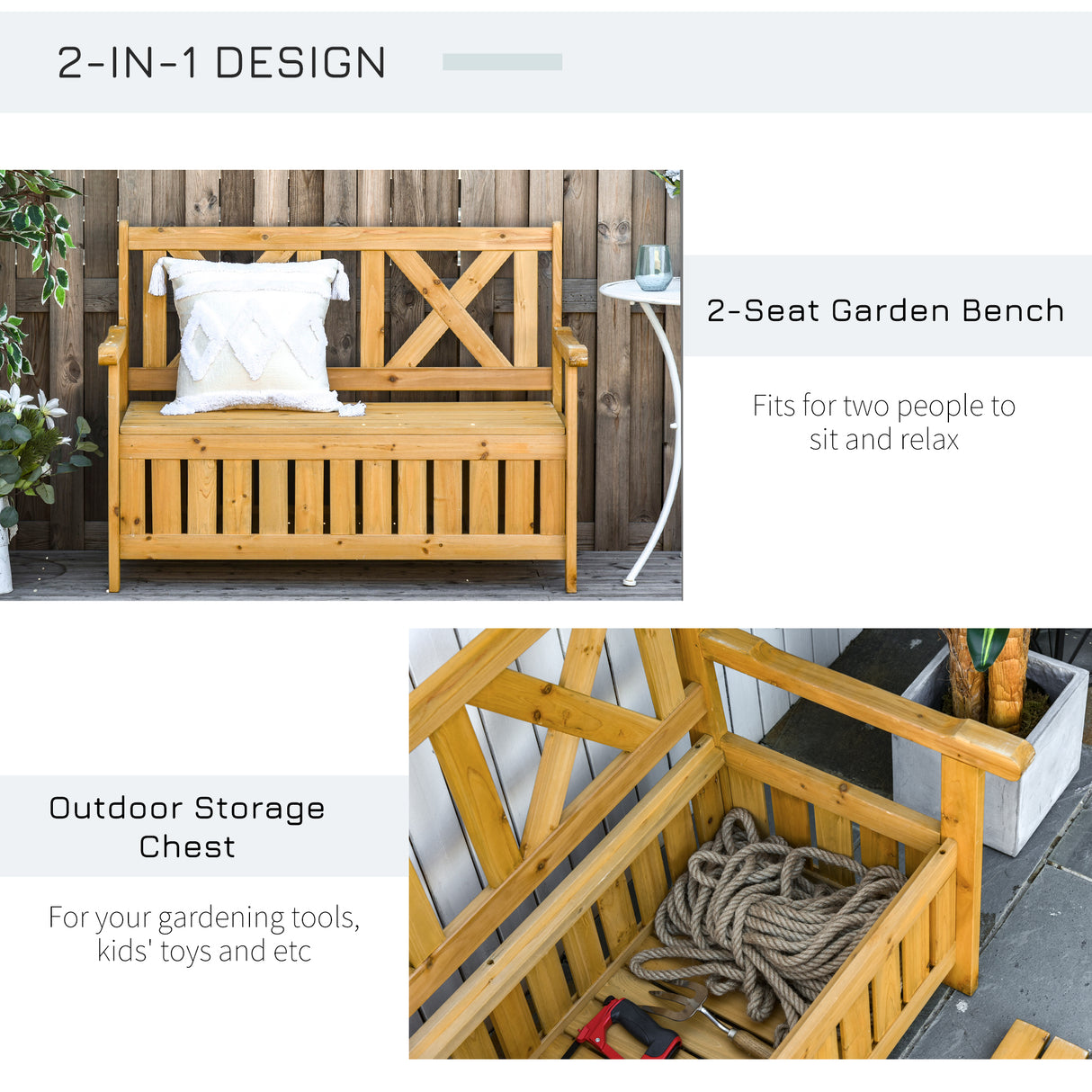 Fir Wood 2 Seater Garden Storage Bench for Patio - Velmora
