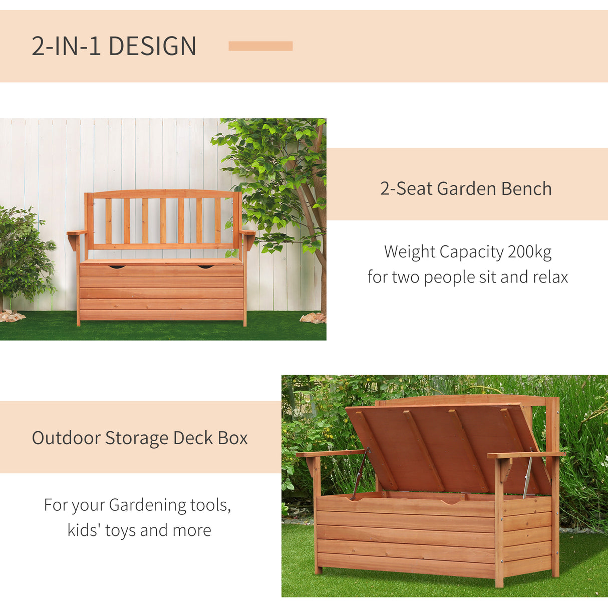 Fir Wood 2 Seater Garden Storage Bench - Velmora