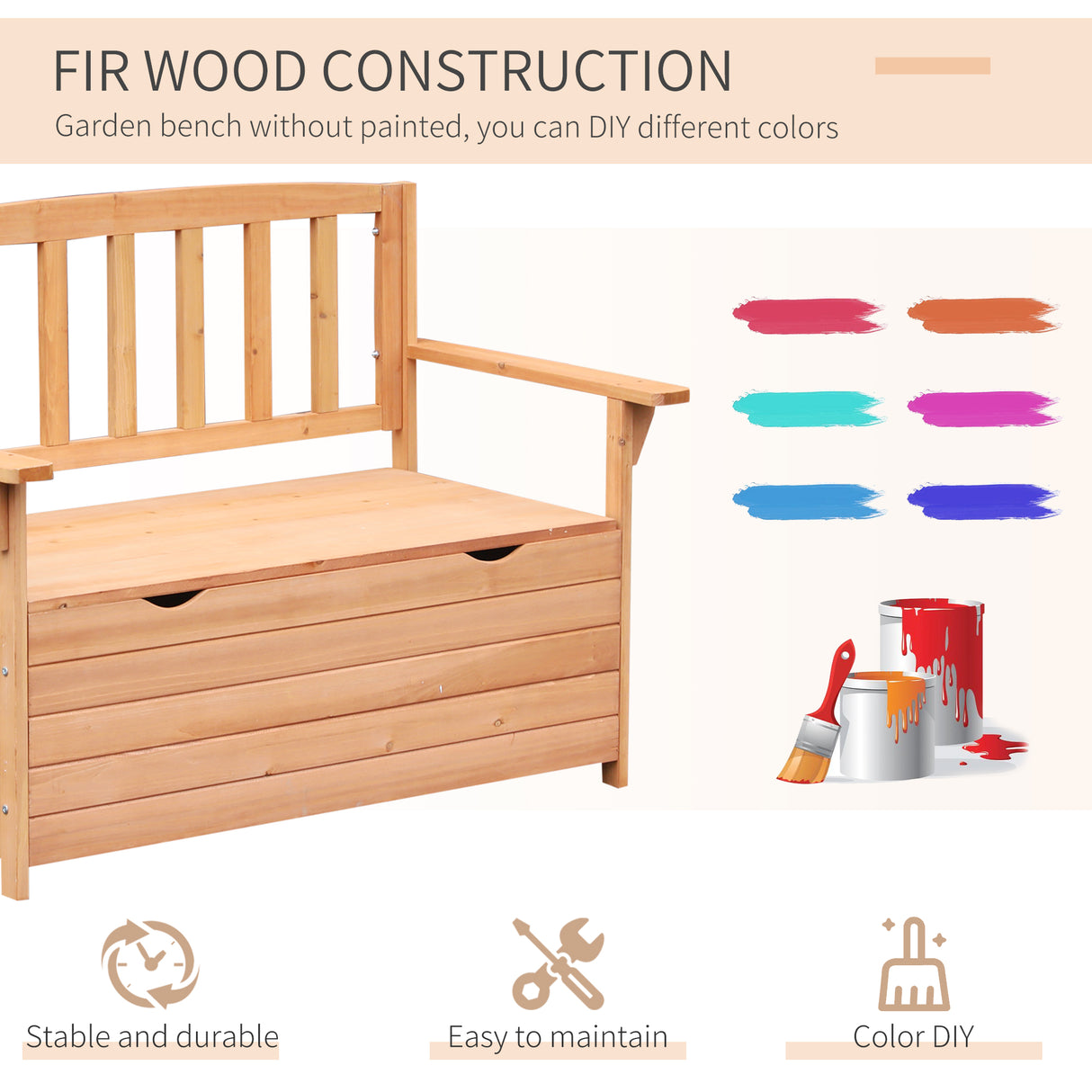 Fir Wood 2 Seater Garden Storage Bench - Velmora